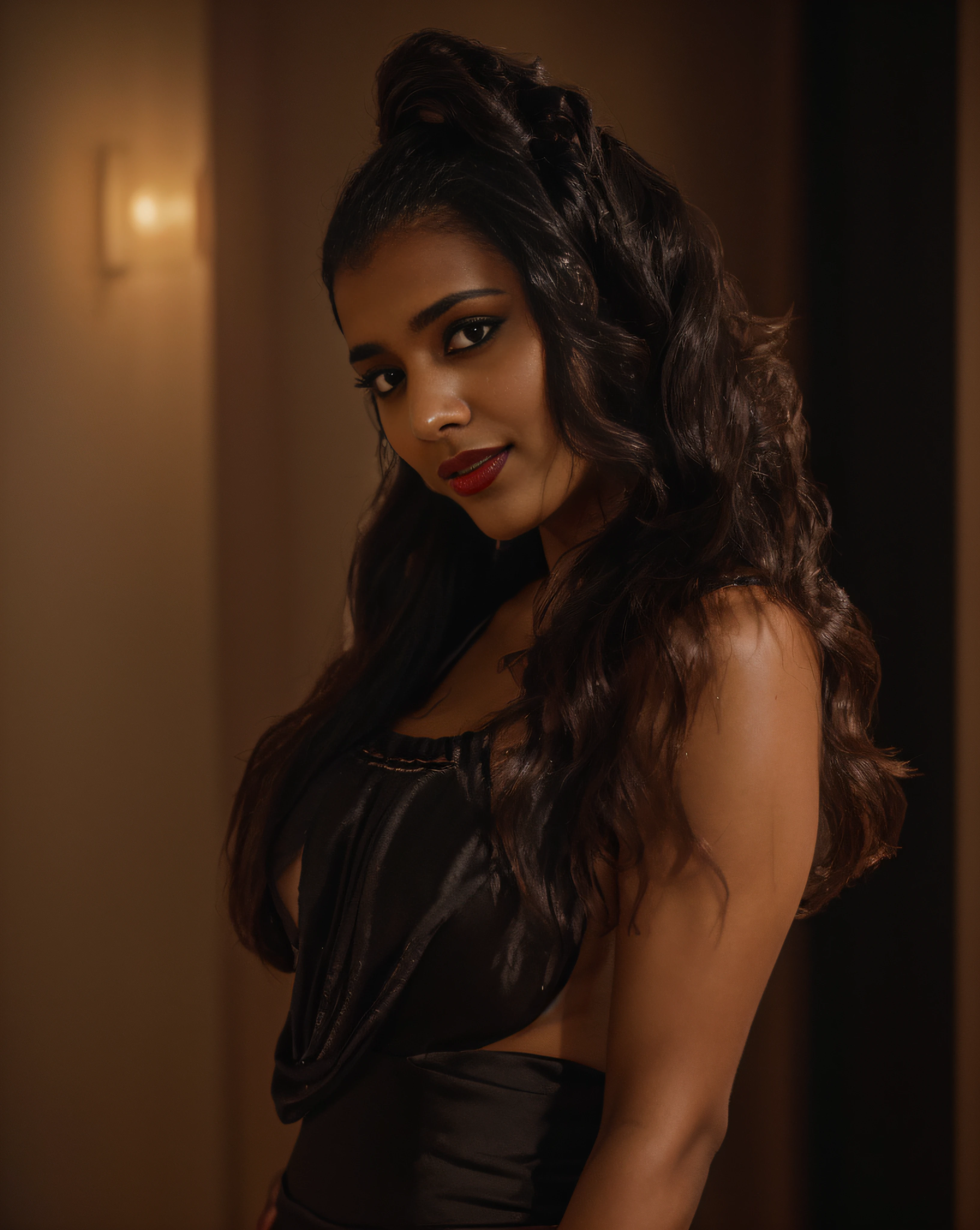 (editorial photograph of a young Indian woman in yellow dress and dark red lips),(((massive breast)))、karla ortiz, (highly detailed face:1.4) (smile:0.7) (backround 5 star hotel , moody, private study:1.3) POV, by lee jeffries, nikon d850, film stock photograph ,4 kodak portra 400 ,camera f1.6 lens ,rich colors ,hyper realistic ,lifelike texture, dramatic lighting , cinestill 800, realistic, wearing Black dobby weave self design fit & flare dress Sweetheart neck Short, puff sleeve Tie-up detail on back Above knee length in flounce hem Attached Lining Chiffon fabric, actress, karla ortiz, posing!!, candid picture, by Max Dauthendey,