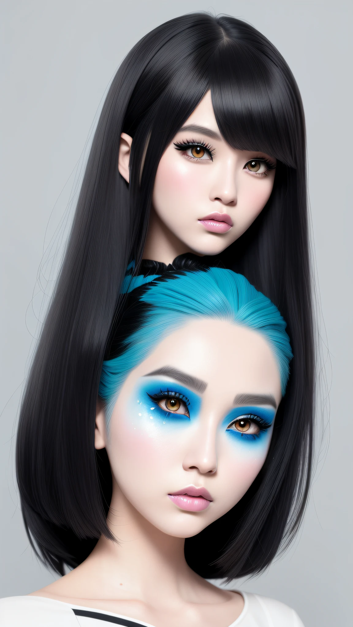 Cartoon image of a woman with permeated hair, blue and black makeup face detail Super cute 25 year old Korean model, Cartoon style illustration, cartoon art style, Digital illustration style, highly detailed character design, art beautiful detailed digital, cute digital illustration, high quality portrait, comic art, Asia, character design portrait, white background,