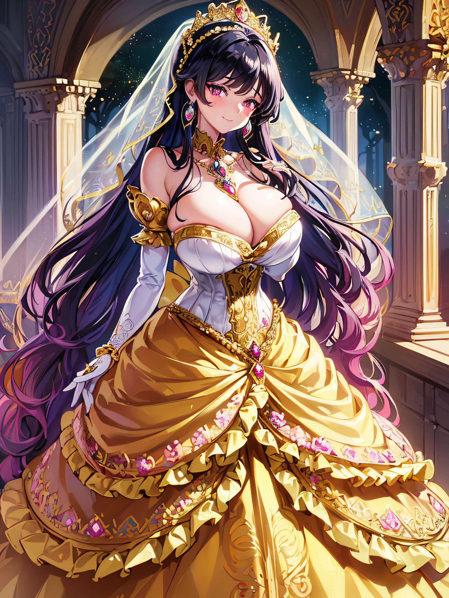 ((anime artstyle)),(Masterpiece),(Best Quality), (Super Detail),(Highly Detailed CG Unity 8k wallpaper),((Very Delicate and Beautiful)),1 girl,((full body portrait)),((standing in garden)),((solo)),(((1 princess in gorgeous embroidery and jeweled extremely gorgeous rococo princess ballgown with voluminous full length hoop skirt))),(((huge crinoline hoopskirt))),long train,((gorgeous embroidery and jeweled)),voluminous frills,See-through,(((extremely gigantic tits,skindentation))),cleavage,((absurdly Long Straight Hair,extremely voluminous Straight long Hair,absurdly Long Straight Hair)),(finely detailed face and eyes),((seductive smile,embarrassed)),clear pupil,extremely gorgeousfull hair ornament,(bling-bling jeweled extremely gorgeousfull tiara),((bling-bling gorgeous gemstone jewelry)),gorgeous long veil,((ultra long gloves)),(beautiful background),(full body),((gorgeous embroidery and jeweled extremely gorgeous rococo princess ballgown with voluminous full length hoop skirt))