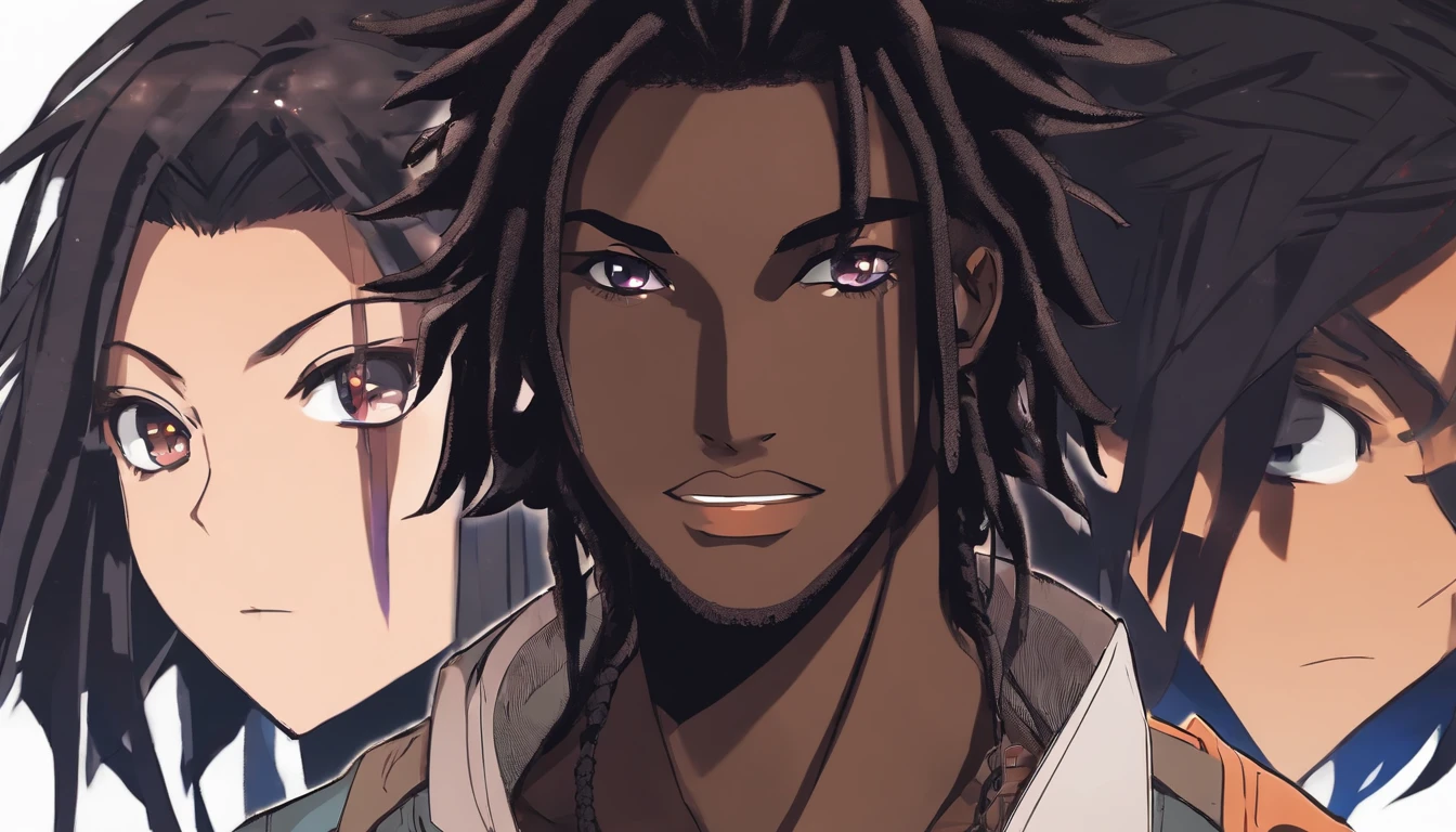 dark skin age man, handsome, thick black dreadlock hair, brown eyes, slender, strong, spearman, handsome, anime, lion ears and tail, demon slayer artstyle