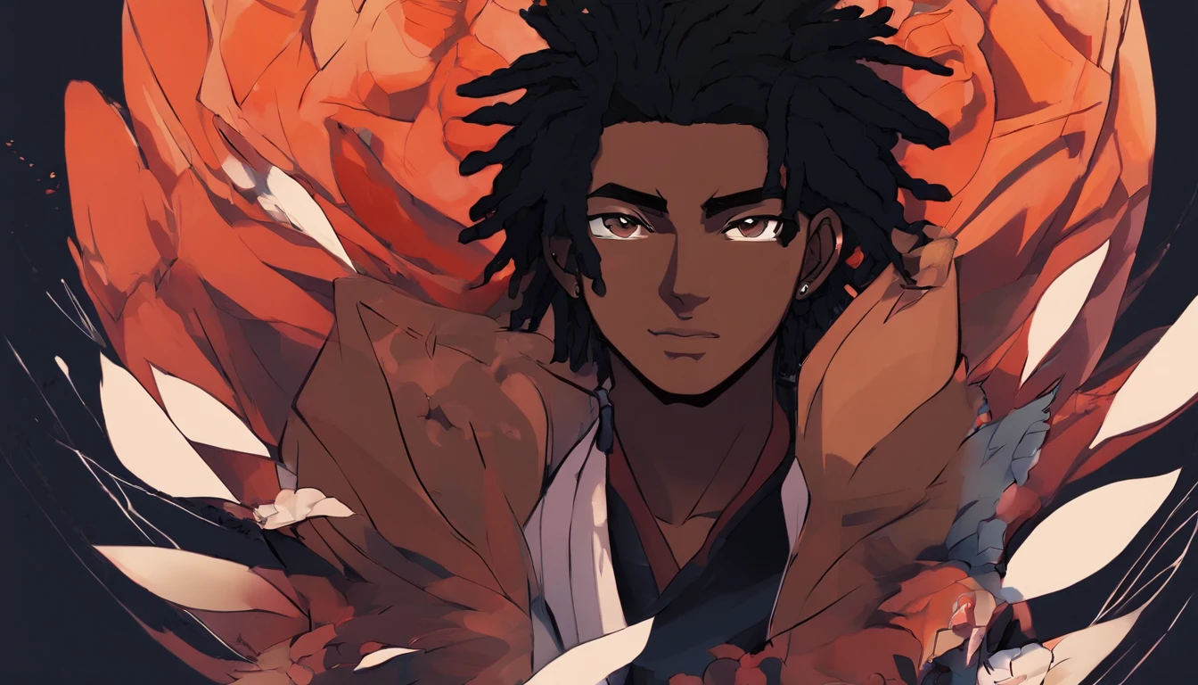 dark skin age man, handsome, thick black dreadlock hair, brown eyes, slender, strong, spearman, handsome, anime, lion ears and tail, demon slayer artstyle