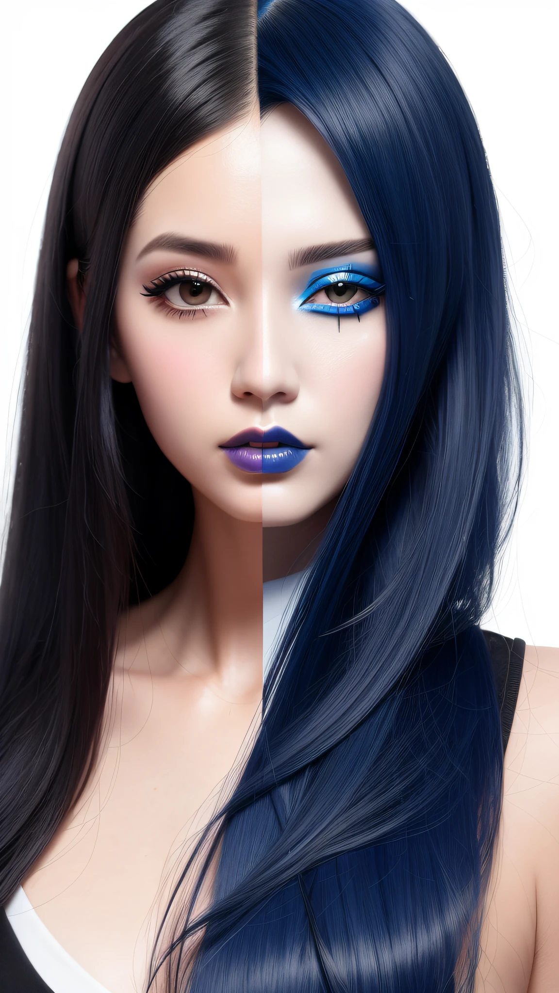 Cartoon image of a woman with permeated hair, blue and black makeup face detail Super cute 25 year old Korean model, Cartoon style illustration, cartoon art style, Digital illustration style, highly detailed character design, art Cute detailed digital, cute digital illustration, high quality portrait, comic art, Asia, character design portrait, white background. (Note, do the drawing straight away and focus on the face with detailed makeup