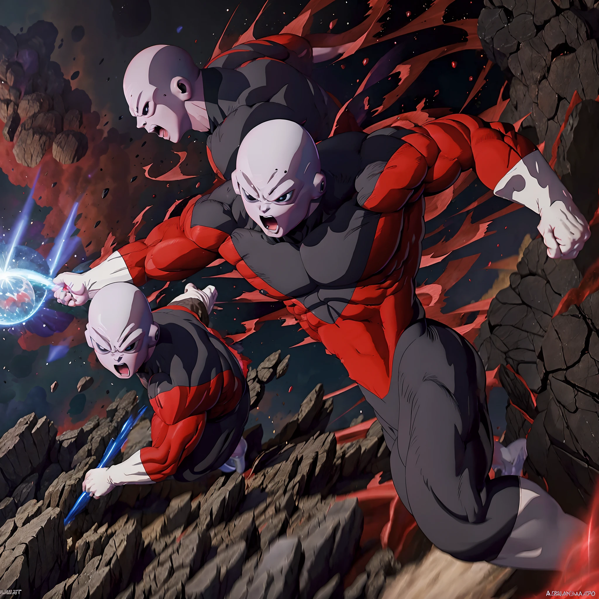 ((JIREN)), um close up de uma pessoa com uma roupa vermelha e preta, an epic anime of a energy man, transformando-se em sua forma final, corpo com lava preta e vermelha