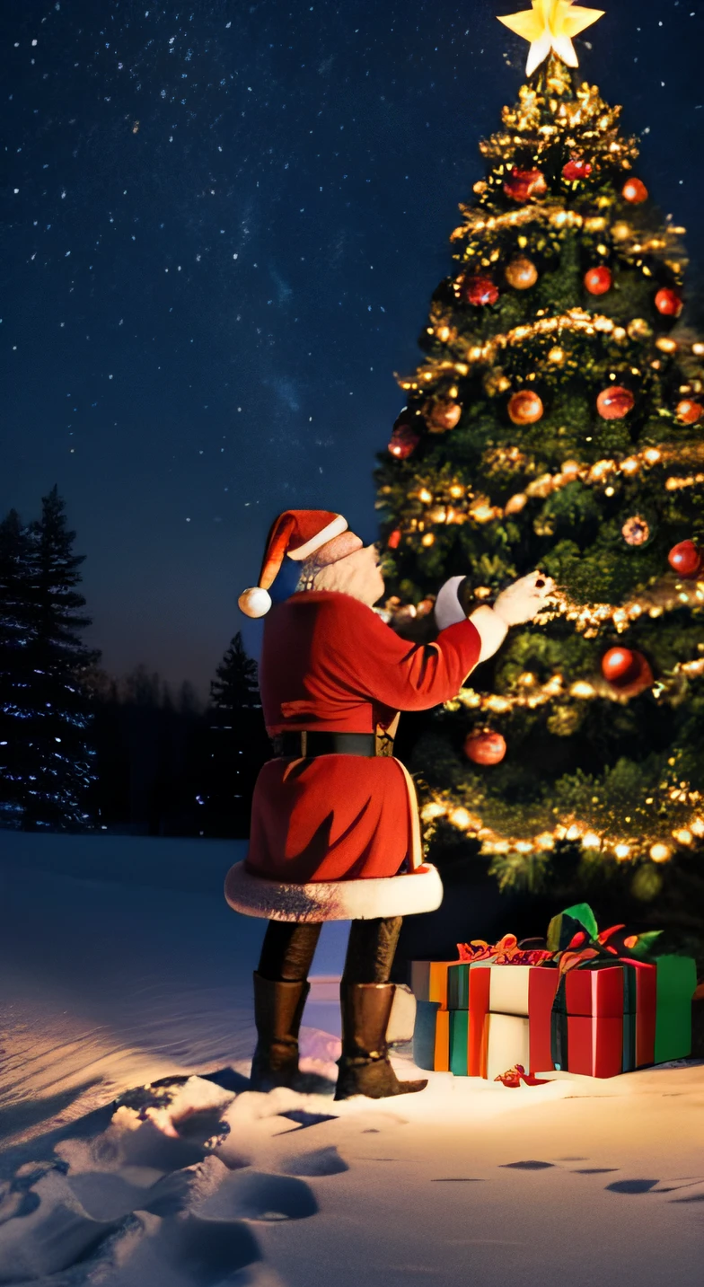 Santa Claus and the colorful and illuminated Christmas tree