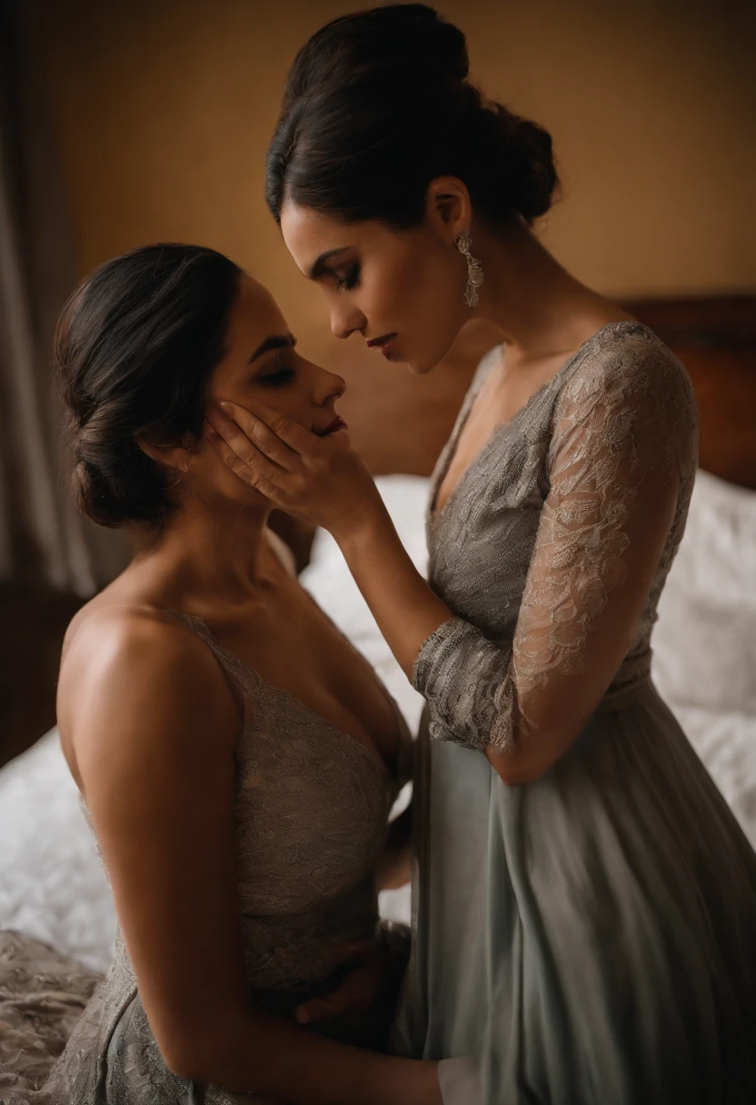 Lesbians, hijab, long dress, big boobs, Nipple, romantic, in room, on bed, sexy, seductive, licking each others lips, love, sexy, soft Lighting, mini skirt