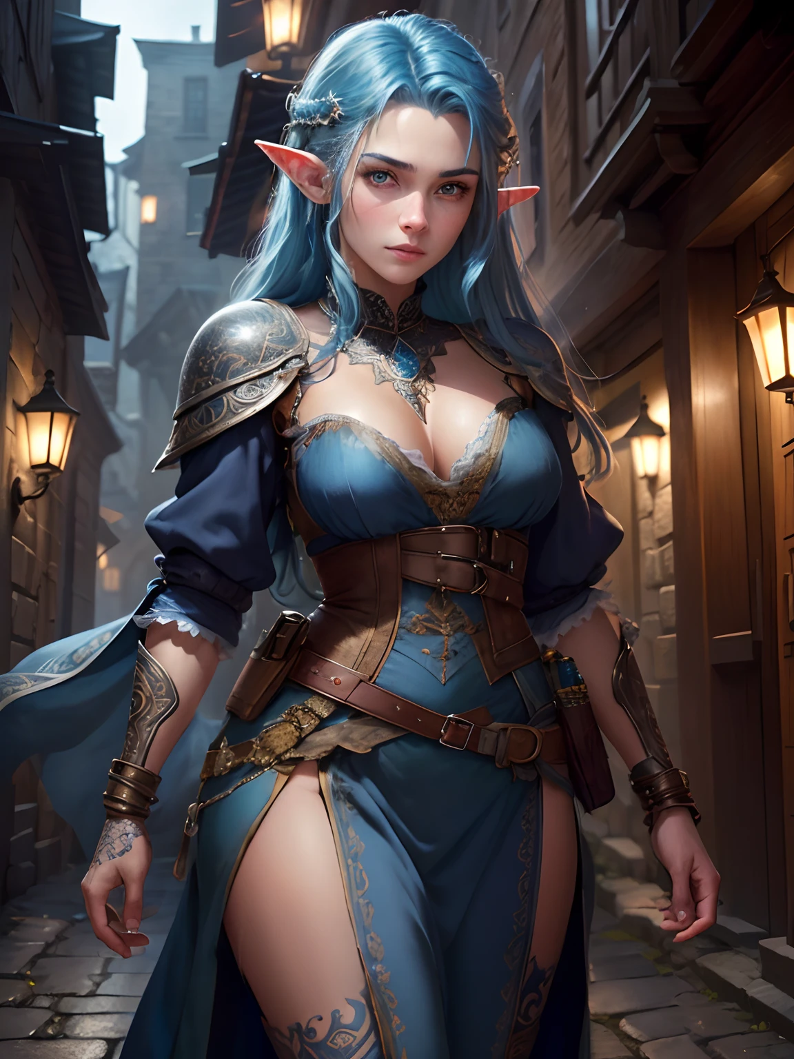 young,beautiful,clean face,beautiful face,detailed face,elf,14 years old, finely detailed eyes,skin light tone,(High-resolution textures),blue hair,blue eyes,(Intricate details, hyperdetailed:1.15), intricate details, portrait, looking at viewer, solo, (full body:0.6), detailed background, detailed face, face covered by bandana, smuggler, (tattoos:0.9), dynamic pose,(High-resolution textures),dark wizard clothes,best quality, masterpiece, ultra high res,high fantasy medieval setting, medieval dark alleyway background, stealth,fog