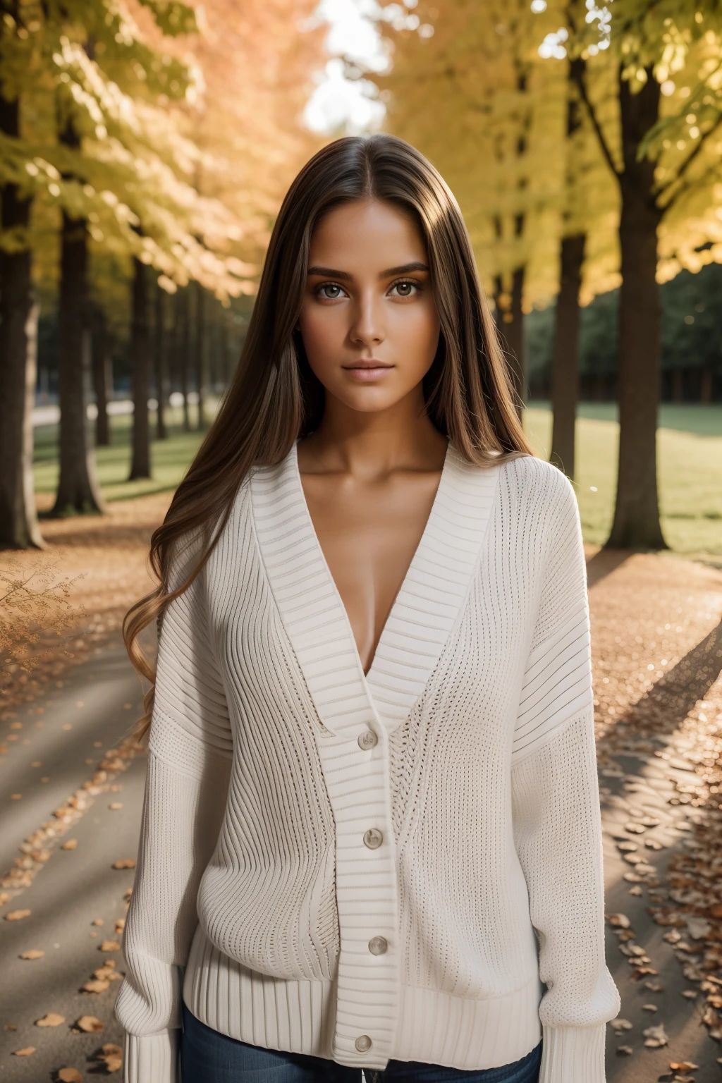 Photograph of a beautiful girl, wearing a white autumn sweater, long hair on one side, buste lourd 36DD, Look into the camera, eyes symmetrical, symmetrical face, photoreallistic, photographie, Path layout, specular lighting, Volumetric facial light, Hair path, Ombres visibles, complexe, elaborate