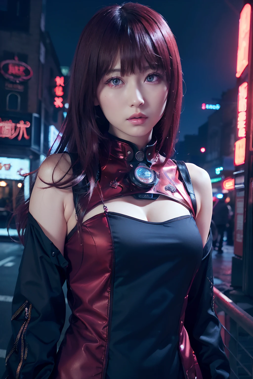 ((masutepiece)), ((Best Quality)), (Ultra-detailed), ((Extremely detailed)), 4K, (8K), Best Quality, (Beautiful), Dynamic Angle 0, Cute girl s, 1girl in, Solo, Steampunk, Dress like neon lights, Beautiful red hair, Beautiful red eyes, ((Beautiful eyes))0, Luminous eyes, Cool, neon light, Neon Town