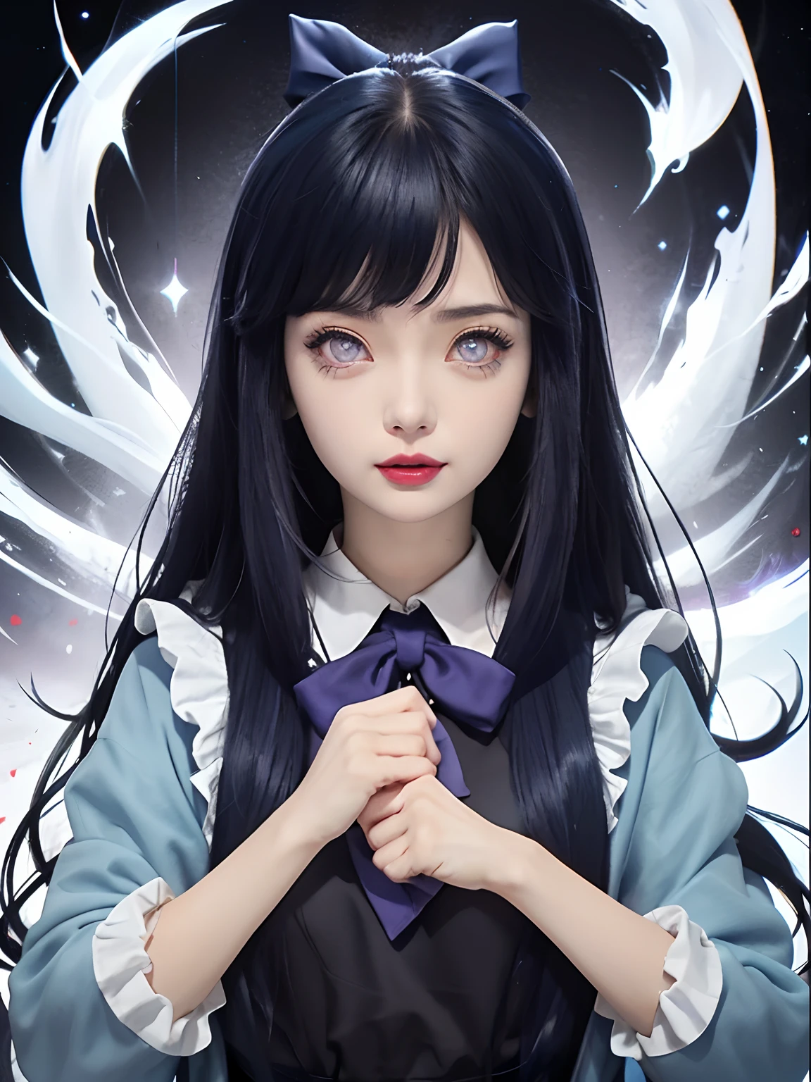 a close up of a person with long hair and a hoodie, hinata hyuga, hinata hyuga from naruto, from naruto, as an anime character, perfect anime face, she has dark blue hair with bangs, female anime character, anime character, anime best girl, hime cut hairstyle, dark blue hair, (red glossy lips:1.3), light purple eyes, big breasts, realistic, ultra detail, indoor background