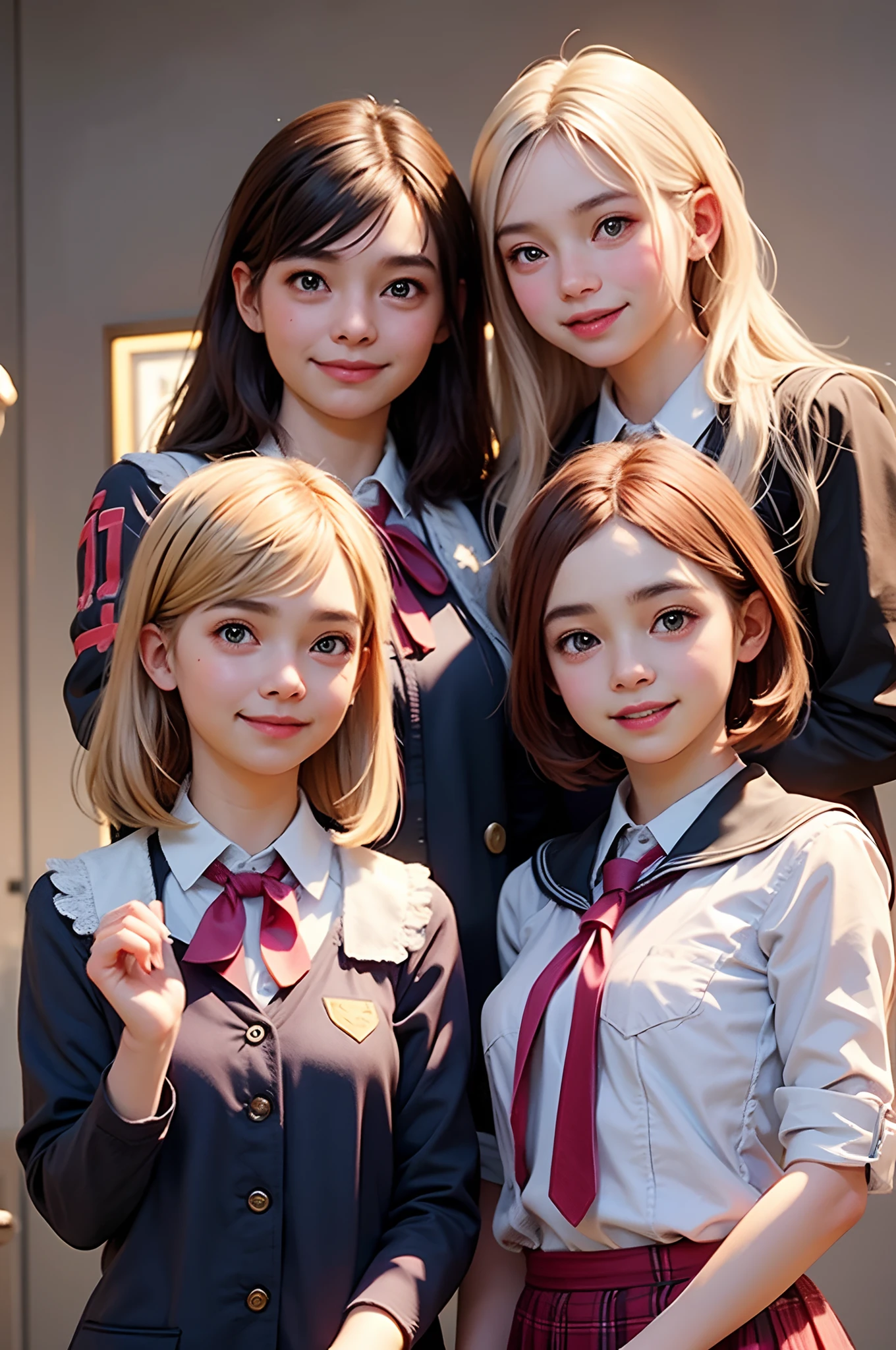4girls, Look at viewer, Wearing school uniforms, Cutes smile , Soft background, dynamic lighting, high detailed,
