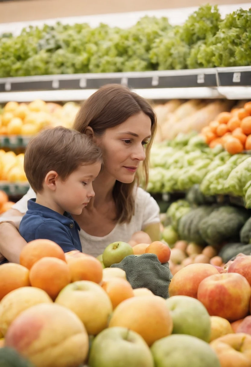 A boy helps his mother with things.In the supermarket,Sideways capture，Fruits and vegetables in the background，Photorealistic，non blurry