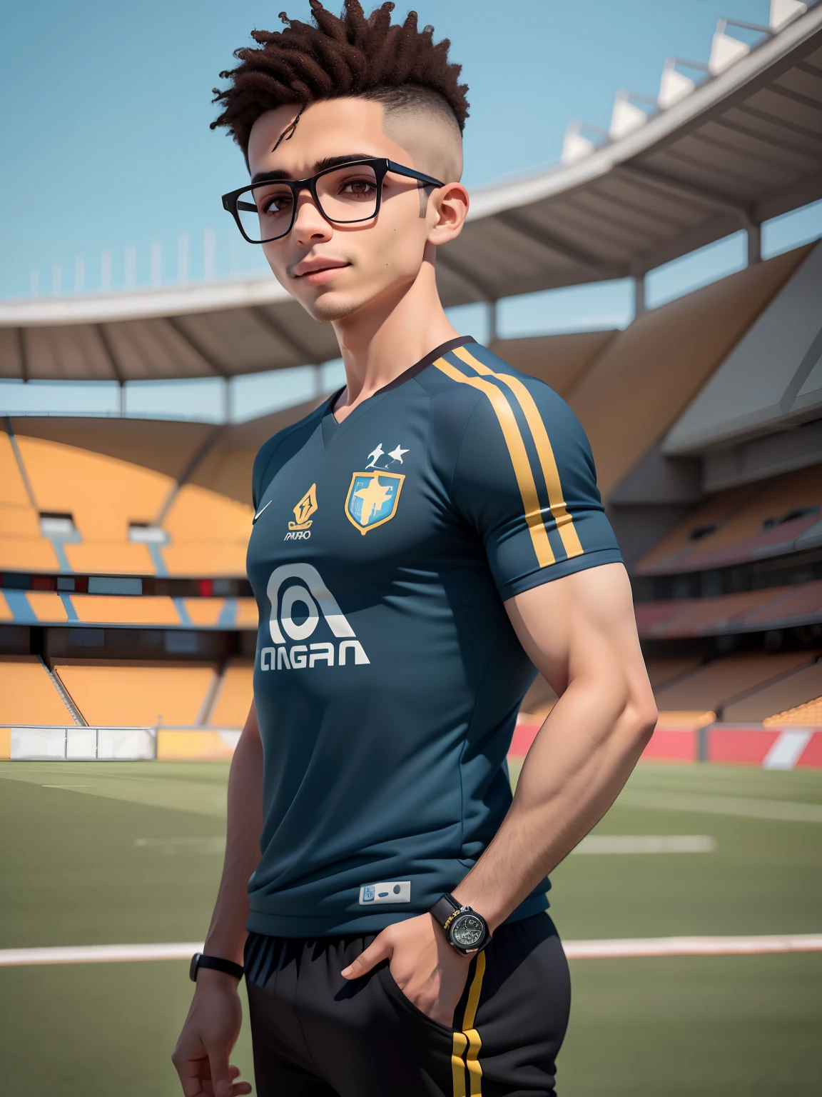(obra-prima), (melhor qualidade), (ultra-detalhado), (corpo inteiro: 1.2) menino adolescente, masculino, athletic body eyeglass, leve e detalhado, sorriso claro, corpo inteiro, :3, cabelo preto, curto moicano , moicano, pavor, moderno, modern accessories, football stadium background, colorido e simples, usando uma camisa de futebol preta com amarelo, camisa grande.