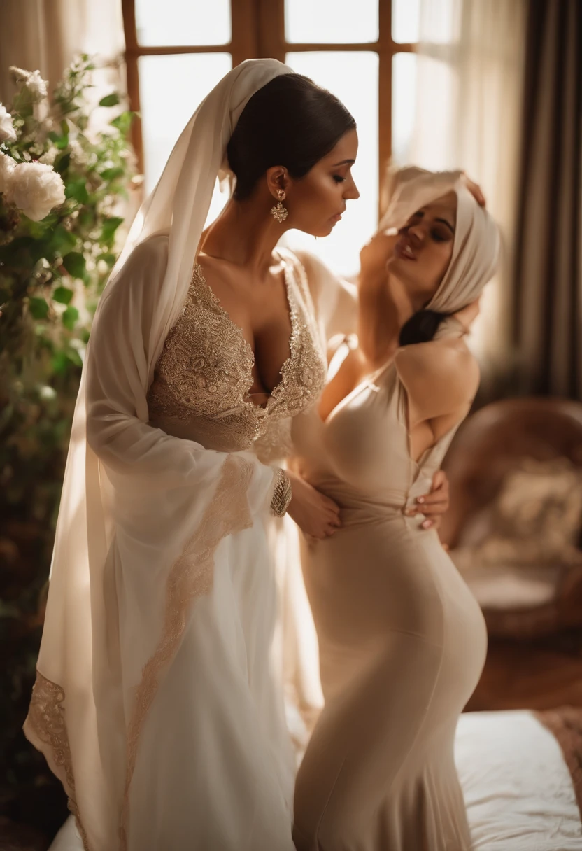 Lesbians, hijab, long dress, big boobs, Nipple, romantic, in room, on bed, sexy, seductive, licking each others lips, love, sexy, soft Lighting,