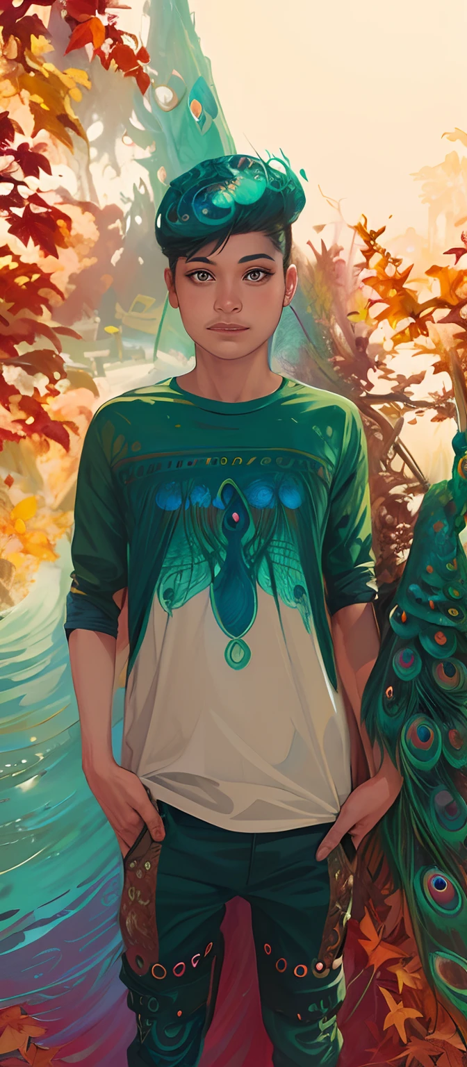 (masterpiece, top quality, best quality, official art, beautiful and aesthetic:1.2), (peacock), extreme detailed, colorful,highest detailed,illustrations, artistic fusion,fantastical scenes,striking visuals, autumn, autumn_leaves,falling_leaves, leaf, leaf_background, leaf_print, maple_leaf, nature,outdoors,waterfall, flying maple leaf