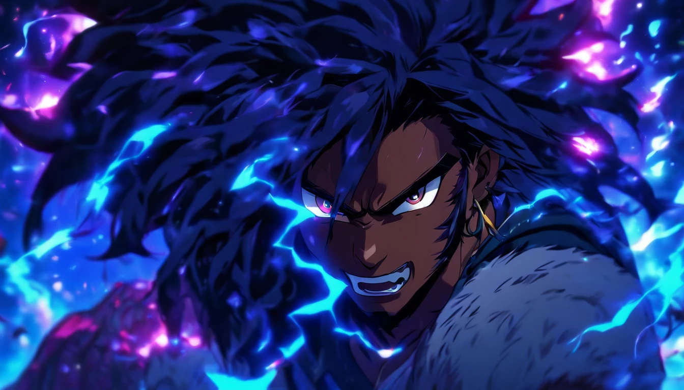 (best quality,4k,8k,highres,masterpiece:1.2),ultra-detailed,(realistic,photorealistic,photo-realistic:1.37),dark skin teenage man, handsome, thick black dreadlock hair, brown eyes, slender, strong, spearman, handsome, anime, lion ears and tail, demon slayer artstyle, vivid colors, sharp focus, glowing purple and blue color palette, intense studio lighting