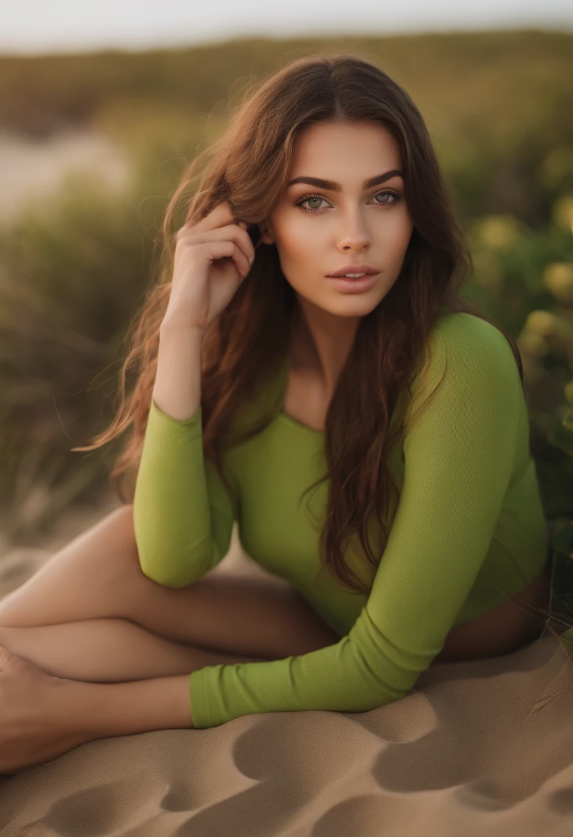 arafed woman with large breasts, sexy girl with green eyes, portrait sophie mudd, brown hair and large eyes, selfie of a young woman, bedroom eyes, violet myers, without makeup, natural makeup, looking directly at the camera, face with artgram, subtle makeup, stunning full body shot, piercing green eyes, beautiful angle, cute girl, full body picture, full body, full body shoot, brunette goddess, high detail, satisfied pose, beach, bikini, playing in sand