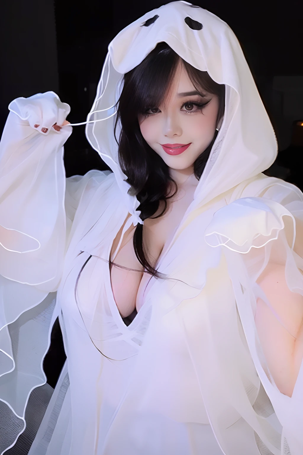 best quality,highres,ultra-detailed,realistic:1.37,portrait, intercate face details, (ghost costume), ghost costume, hood, makeup, eyeliner, good proportions, sexiest quality, facing forward, smile, thick thighs,