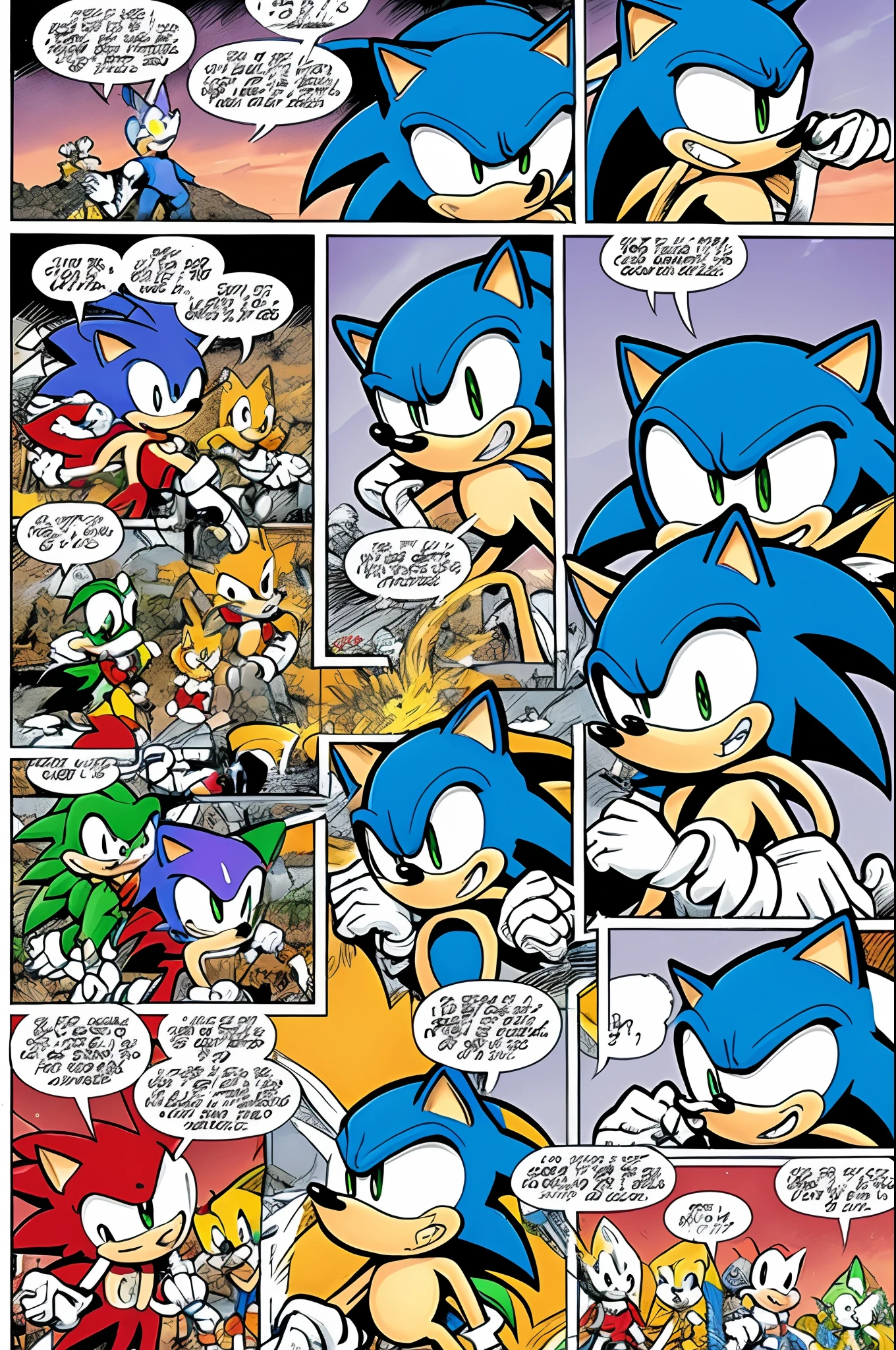 Sonic looking for his friend Tails as a comic book page in random number, size, placement of panels