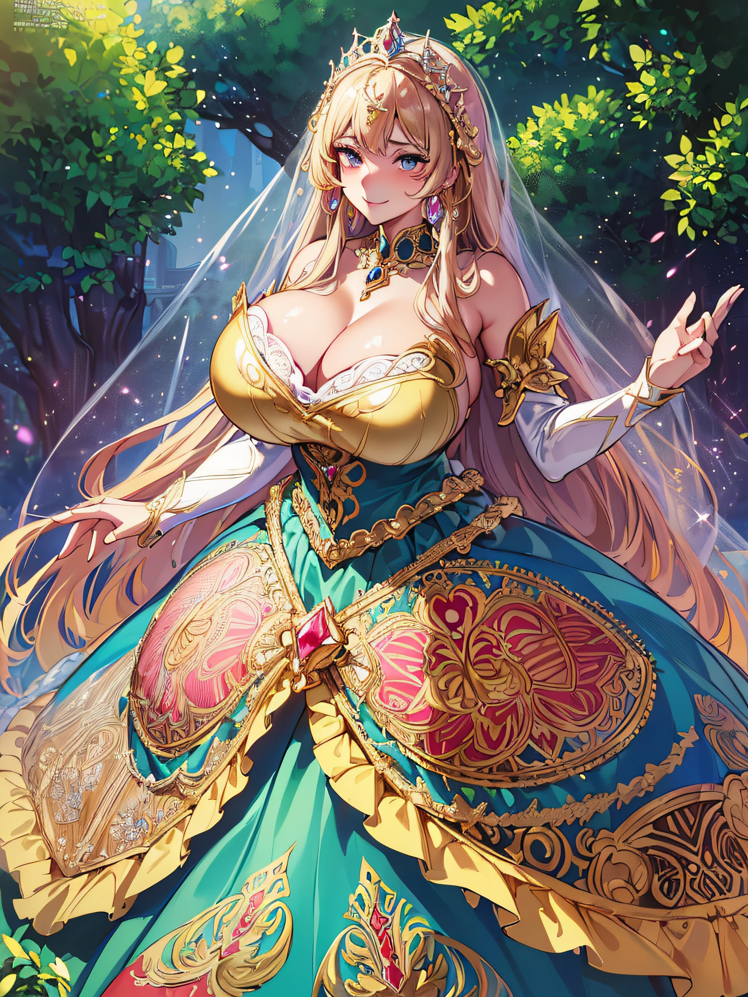 ((anime artstyle)),(Masterpiece),(Best Quality), (Super Detail),(Highly Detailed CG Unity 8k wallpaper),((Very Delicate and Beautiful)),1 girl,((full body portrait)),((standing in garden)),((solo)),(((1 princess in gorgeous embroidery and jeweled extremely gorgeous rococo princess ballgown with voluminous full length hoop skirt))),(((huge crinoline hoopskirt))),long train,((gorgeous embroidery and jeweled)),voluminous frills,See-through,(((extremely gigantic tits,skindentation))),cleavage,((absurdly Long Straight Hair,extremely voluminous Straight long Hair,absurdly Long Straight Hair)),(finely detailed face and eyes),((seductive smile,embarrassed)),clear pupil,extremely gorgeousfull hair ornament,(bling-bling jeweled extremely gorgeousfull tiara),((bling-bling gorgeous gemstone jewelry)),gorgeous long veil,((ultra long gloves)),(beautiful background),(full body),((gorgeous embroidery and jeweled extremely gorgeous rococo princess ballgown with voluminous full length hoop skirt))