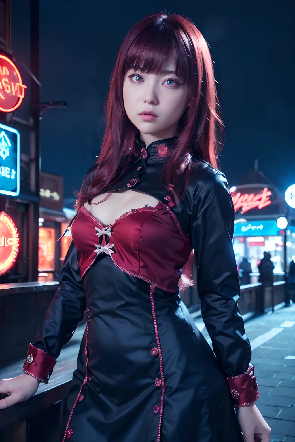 ((masutepiece)), ((Best Quality)), (Ultra-detailed), ((Extremely detailed)), 4K, (8K), Best Quality, (Beautiful), Dynamic Angle 0, Cute girl s, 1girl in, Solo, Steampunk, Dress like neon lights, Beautiful red hair, Beautiful red eyes, ((Beautiful eyes))0, Luminous eyes, Cool, neon light, Neon Town