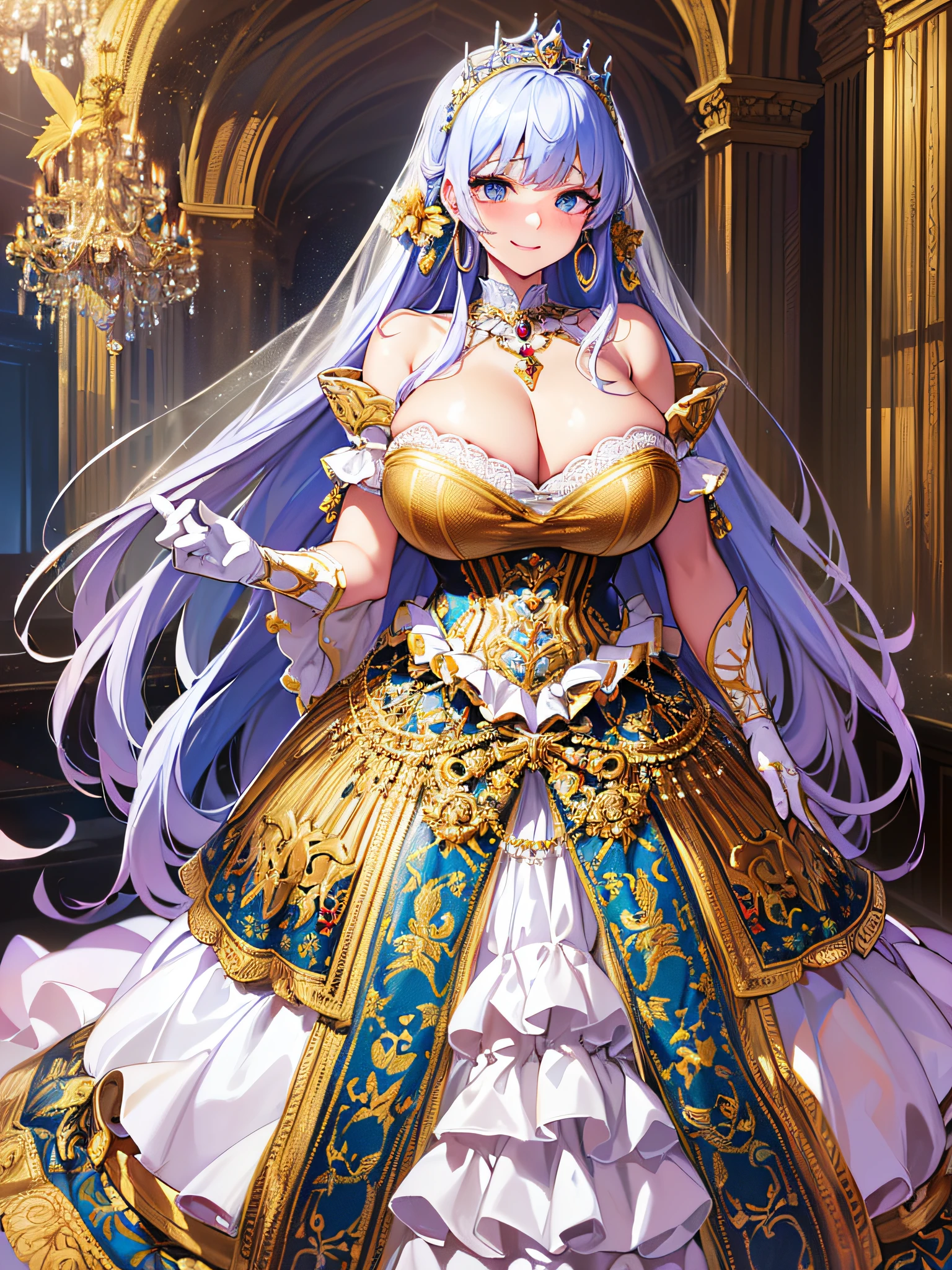 ((anime artstyle)),(Masterpiece),(Best Quality), (Super Detail),(Highly Detailed CG Unity 8k wallpaper),((Very Delicate and Beautiful)),1 girl,((full body portrait)),((standing in garden)),((solo)),(((1 princess in gorgeous embroidery and jeweled extremely gorgeous rococo princess ballgown with voluminous full length hoop skirt))),(((huge crinoline hoopskirt))),long train,((gorgeous embroidery and jeweled)),voluminous frills,See-through,(((extremely gigantic tits,skindentation))),cleavage,((absurdly Long Straight Hair,extremely voluminous Straight long Hair,absurdly Long Straight Hair)),(finely detailed face and eyes),((seductive smile,embarrassed)),clear pupil,extremely gorgeousfull hair ornament,(bling-bling jeweled extremely gorgeousfull tiara),((bling-bling gorgeous gemstone jewelry)),gorgeous long veil,((ultra long gloves)),(beautiful background),(full body),((gorgeous embroidery and jeweled extremely gorgeous rococo princess ballgown with voluminous full length hoop skirt))