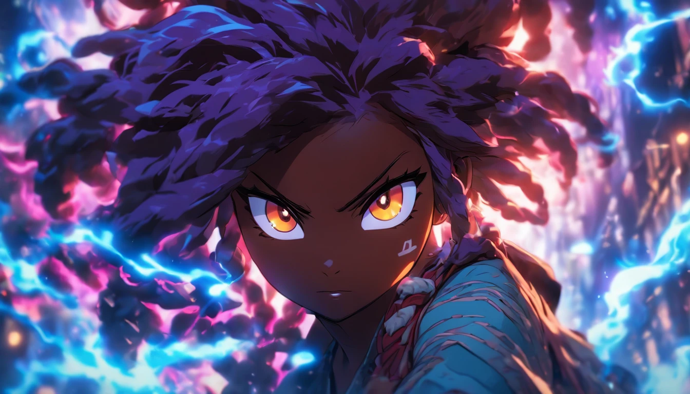(best quality,4k,8k,highres,masterpiece:1.2),ultra-detailed,(realistic,photorealistic,photo-realistic:1.37),dark skin age girl, gorgeous, thick black dreadlock hair, brown eyes, thick waist, pretty, anime, fox ears and tail, demon slayer artstyle, vivid colors, sharp focus, glowing purple and blue color palette, intense studio lighting