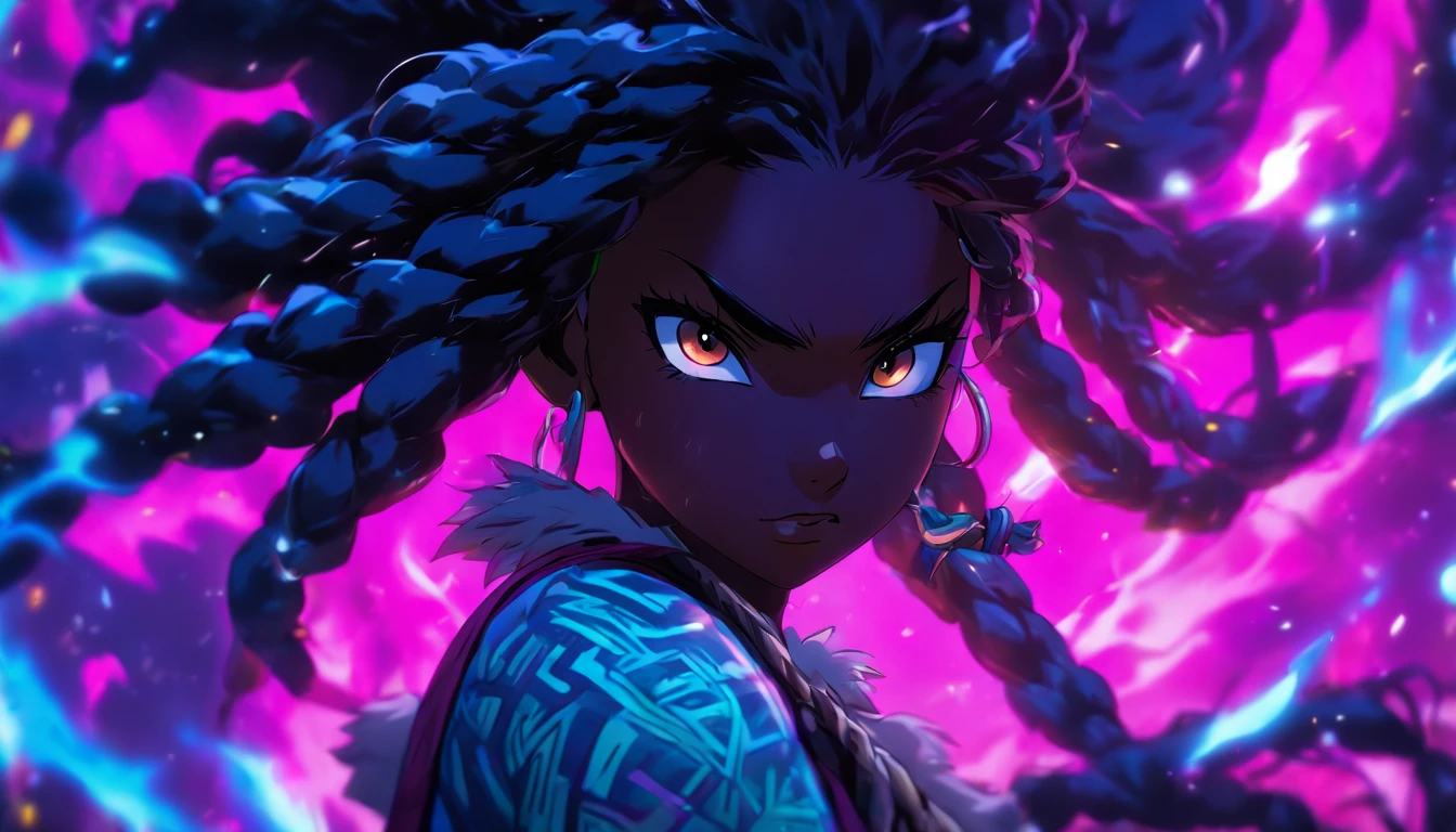 (best quality,4k,8k,highres,masterpiece:1.2),ultra-detailed,(realistic,photorealistic,photo-realistic:1.37),dark skin teenage girl, gorgeous, thick black dreadlock hair, brown eyes, thick waist, pretty, anime, fox ears and tail, demon slayer artstyle, vivid colors, sharp focus, glowing purple and blue color palette, intense studio lighting