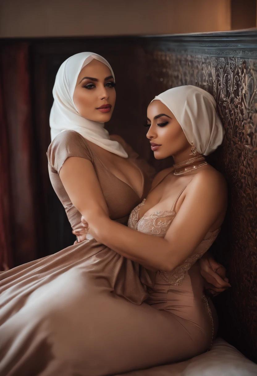Lesbians, hijab, short dress, big boobs, Nipple, romantic, in room, on bed, sexy, seductive, licking each others lips, love, sexy, soft Lighting,
