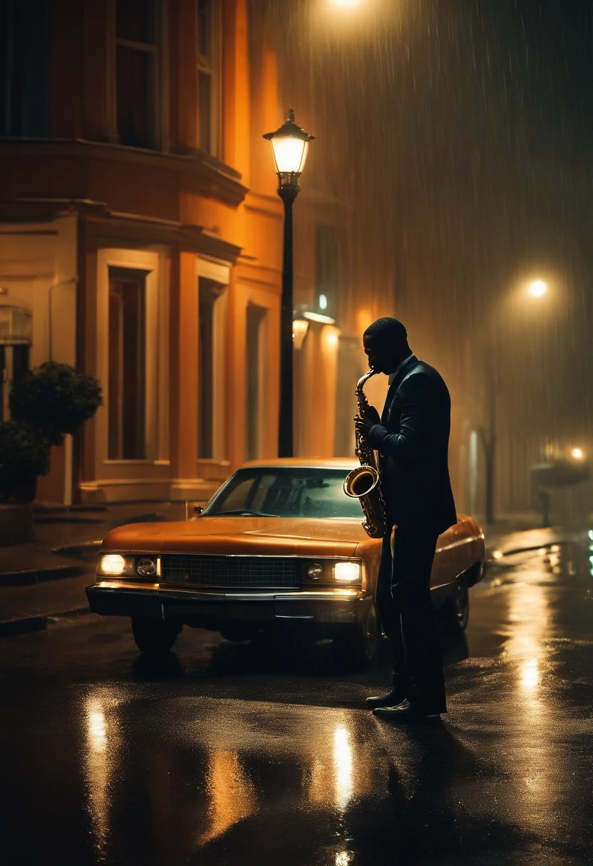 black man playing sax in the rain the headlights on, streetlights with lights illuminating the city, orange lights and red and white overtones reflecting on the walls. The car is parked in front of the imposing building and there is heavy rain at night. high definition details in light blue and fluorescent green, Bird's-Eye View camera, Cross-Processing, hdr, 4k