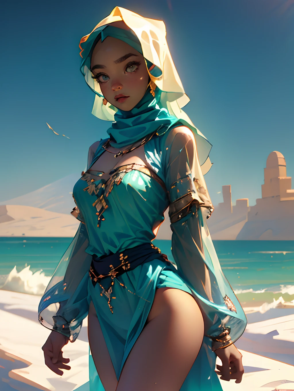 Arab, flat chest, thick thighs, wide hips, thin waist, sexy pose, hands in the air, hijab covering face, in desert