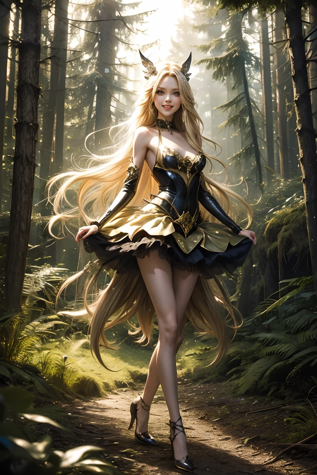 cute sexy skinny female fairy with very long slender legs, pointy ears, long blonde hair, large smoky eyes and a wicked smile on her face. She is standing in a forest wearing an elaborate tutu