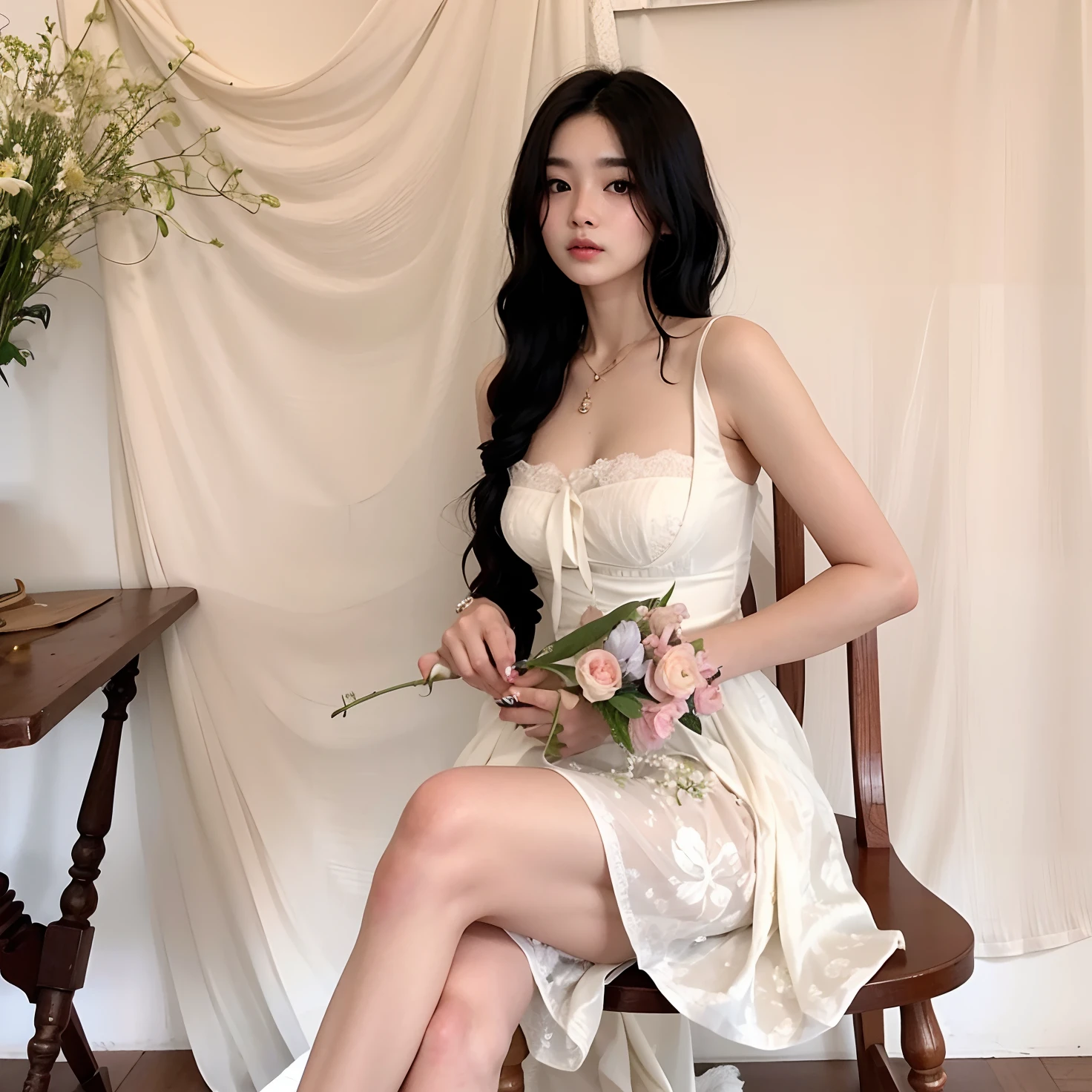 There is a woman sitting in a chair with a flower in her hand, vestido sedoso bonito, vestido de seda, vestido de seda suave, vestido sedoso macio bonito, usando deslumbrante vestido de marfim, roupa branca de seda, linda mulher coreana jovem, Jinyoung Canela, Modelo de moda feminina coreana, Ulzzang, Heonhwa Choe, mulher coreana jovem bonita, Mulher sul-coreana bonita