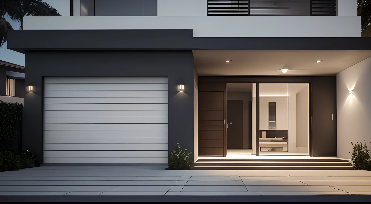 Front view of a house, ((estilo moderno), ((Ground floor only)), high ceiling height,garagem, porta, janela, jardim, entrada concretada, 3D-rendering,night lighting, Lumion Pro rendering, cinematografic
