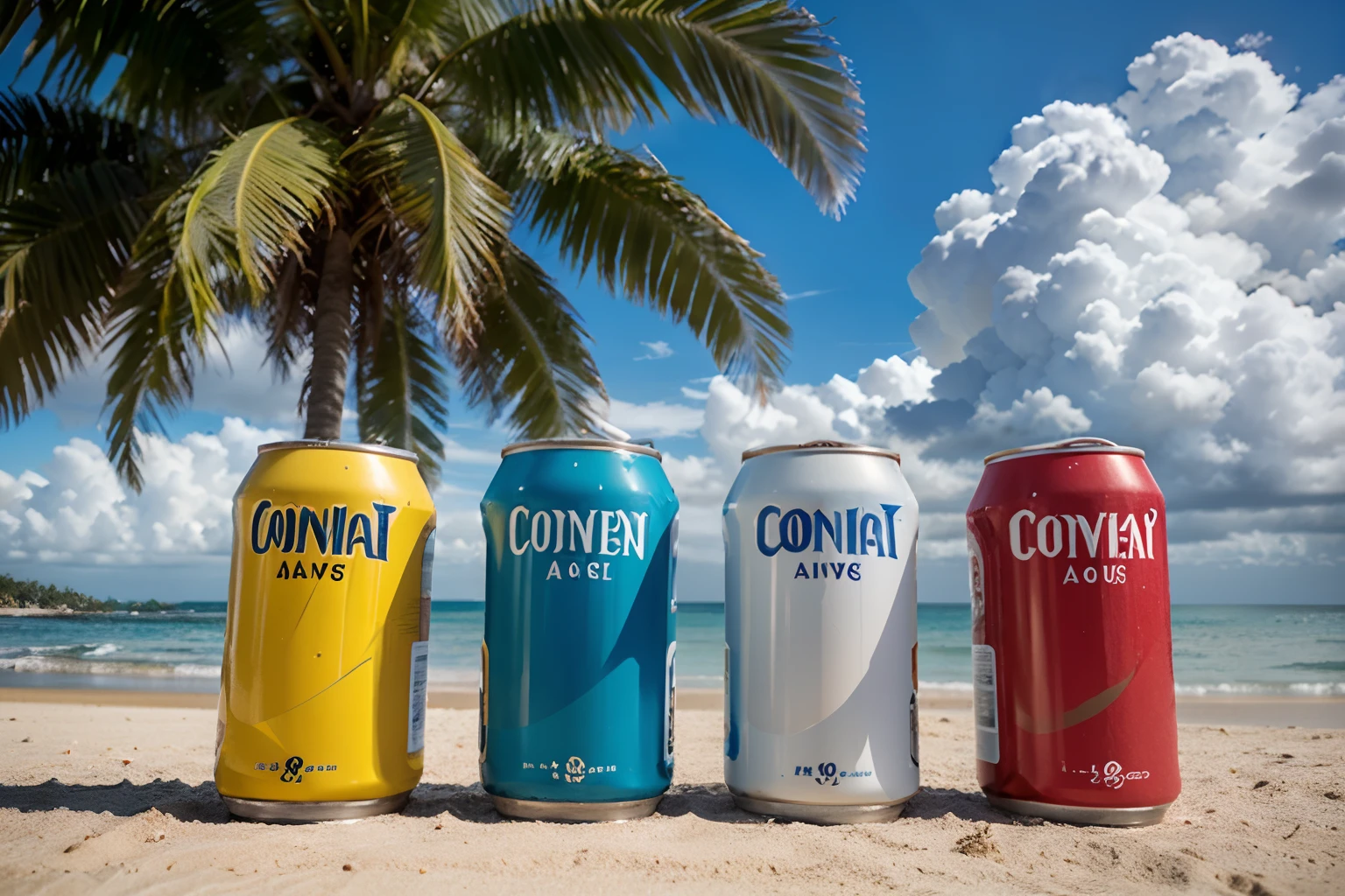 product photography of 3 drink cans on the beautiful beach closeup look, coconut trees, blue sea, blue sky, waves, (photorealistic: 1.1) (8k) (HDR) (wallpaper) (cinematic lighting) (sharp focus )