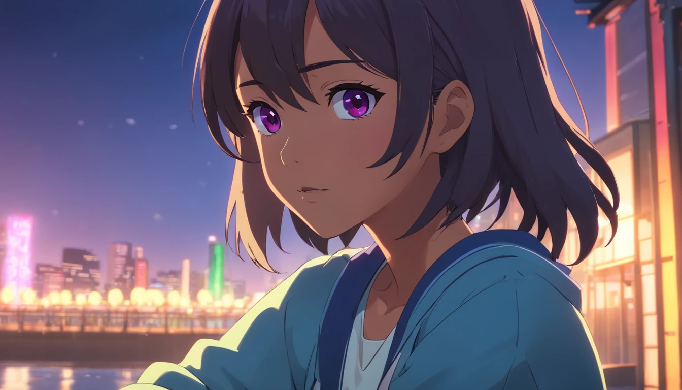 (best quality ,4k, 8k, highres, masterpiece:1.2),ultra-detailed,(realistic,photorealistic,photo-realistic:1.37),dark skin teenage girl, gorgeous, thick black long straight hair, brown eyes, thick waist, pretty, anime, fox ears and tail, demon slayer artstyle, vivid colors, sharp focus, glowing purple and blue color palette, intense studio lighting