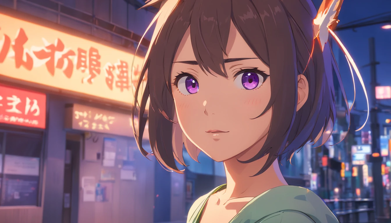 (best quality ,4k, 8k, highres, masterpiece:1.2),ultra-detailed,(realistic,photorealistic,photo-realistic:1.37),dark skin age girl, gorgeous, thick black long straight hair, brown eyes, thick waist, pretty, anime, fox ears and tail, demon slayer artstyle, vivid colors, sharp focus, glowing purple and blue color palette, intense studio lighting