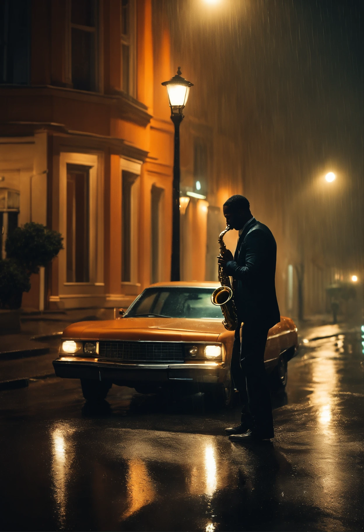 black man playing sax in the rain the headlights on, streetlights with lights illuminating the city, orange lights and red and white overtones reflecting on the walls. The car is parked in front of the imposing building and there is heavy rain at night. high definition details in light blue and fluorescent green, Bird's-Eye View camera, Cross-Processing, hdr, 4k