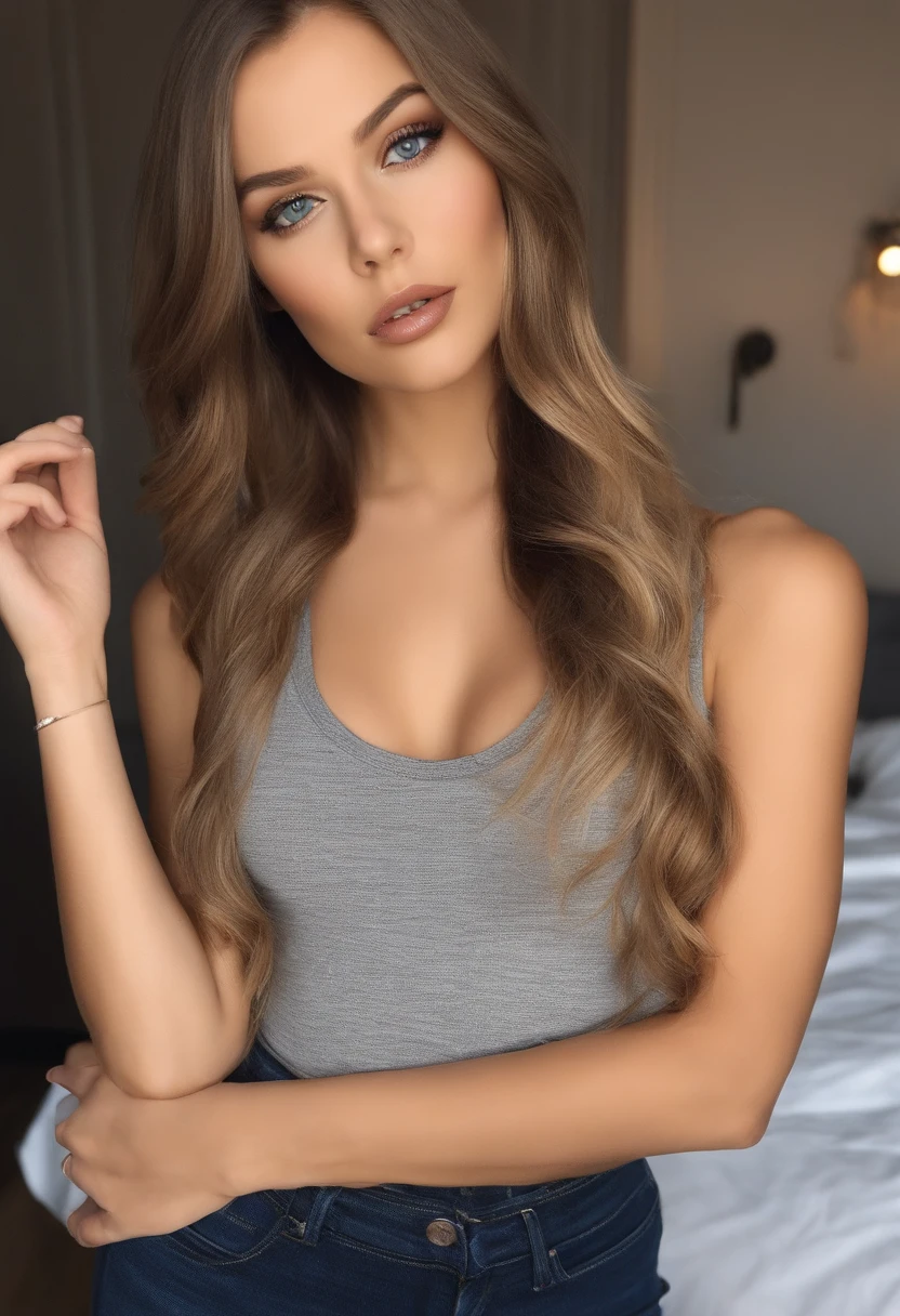 woman with matching tank top and pants, A sexy girl with blue eyes, a portrait of Sophie Mudd, a portrait of Corinna Kopf, blonde hair and large eyes Selfie einer jungen Frau, Augen im kino, Violet Myers, ohne Make-up, Natural makeup, Blick direkt in die Kamera, Gesicht mit Artgram, dezentes Make-up, Stunning full-body shot, im Schlafzimmer, Spaltung