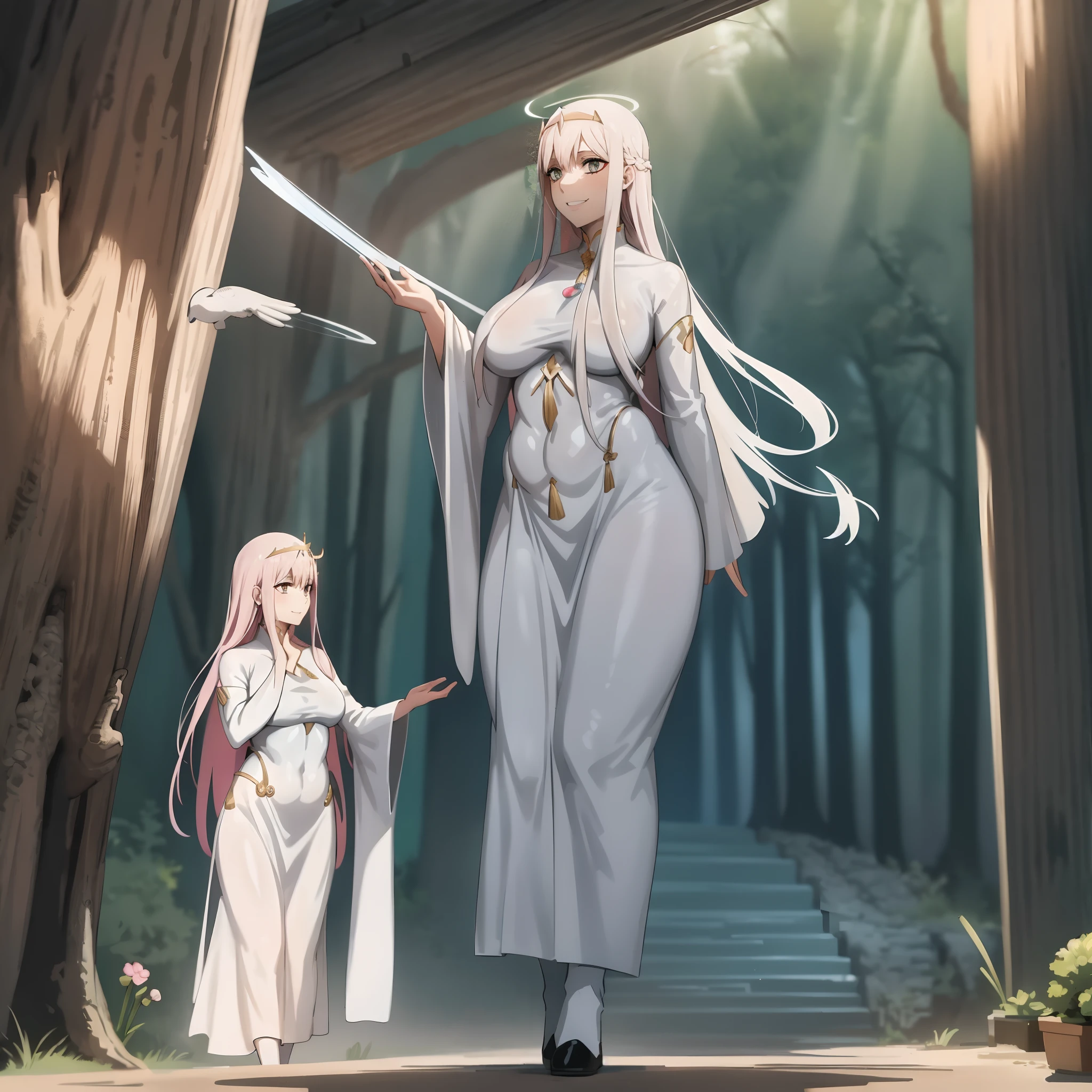 Zero Two, dress, sun halo, holy, smile, medium breast, priestess, full body, walking, divine aura, sun halo, solar halo, long skirt, porcelain skin, ethereal, graceful movement, flowing golden hair, radiant beauty, enchanting gaze, serene expression, soft sunlight, angelic presence, celestial atmosphere, mystical background, celestial light, glowing halo, gentle breeze, ethereal glow, captivating aura, divine radiance, natural beauty, sublime elegance, heavenly charm, peaceful countenance, harmonious surroundings, ethereal grace, mesmerizing presence, transcendent allure, magical serenity, serene and majestic, radiant happiness, heavenly enchantment, delicate features, elegant posture, celestial maiden, otherworldly presence, serene and ethereal, divine embodiment, celestial being, spiritual tranquility, mesmerizing beauty, ethereal goddess, radiant purity. Preparing SeaArt Bot Txt2Img Default 21:19:45, green eyes, white robe, large skirt, long skirt, longeyelashes, solid circle eyes, light smile, ear blush, fang, Surrealism, drop shadow, anaglyph, stereogram, tachi-e, pov, atmospheric perspective, 8k, super detail, ccurate, best quality, best quality, high quality, super detail, anatomically correct, retina, UHD, masterpiece, high details, award winning, highres, textured skin, ccurate, venus body,medieval clothing, dark atmosphere, ornate details, dim lighting, dramatic shadows, mysterious aura, intricate lace patterns, porcelain skin, bewitching gaze, elegant posture, majestic presence, flowing silhouette, gothic architecture, candlelit hauntingly beautiful, enchanting presence, ethereal ambiance, alluring expression, intense sensuality, exquisite jewelry, supernatural allure, captivating aura, sensual curves, full body, boots, happy, smile, boots, standing pose, black cape