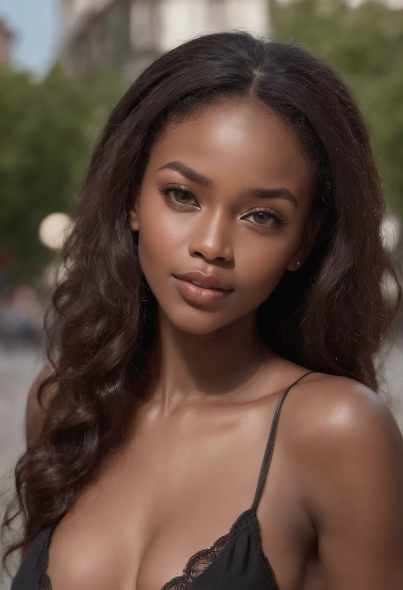 ((Dark African skin, Very deep ebony skin)), ((Its beauty is undeniable)), ((cute excited face)), ((Hyper detailed perfect eyes, Slanted)), ((pose mignonne)), ((Langue sortie)), ((grosse fesse)),((Attirant )), sexy, (( Tight knit shirt, shorts courts sexy)), ((Afro curly African hair afro ponytail afro,)), (( peau)), ((debout, vue de face)), ((toucher ses propres jambes dans une pose sexy)), ((dehors, Ville publique)), CGI ciblé, Fotorrealista, High detail, Realstic, Master part, Absurde, Best quality, Hdr, highly quality, high-definition, extremly detailed, 8k wallpaper, intricate high detail, 8K UHD, Full-HD, (photo realist:1.2), contraste, intense illumination, lighting cinematic, natural lighting, hard light, contre-jour, Illumination globale, occlusion ambiante selfie nsfw