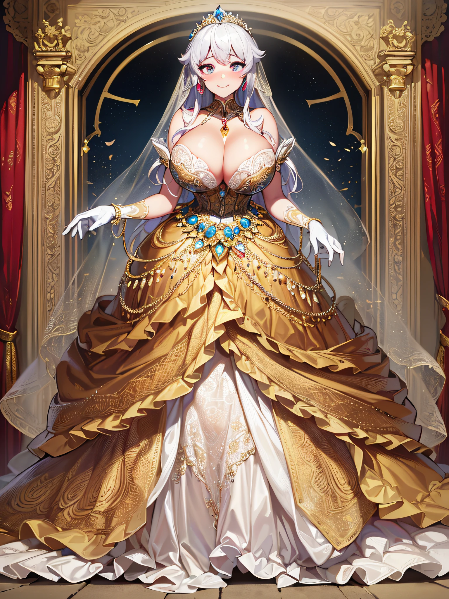 ((anime artstyle)),(Masterpiece),(Best Quality), (Super Detail),(Highly Detailed CG Unity 8k wallpaper),((Very Delicate and Beautiful)),1 girl,((full body portrait)),((standing in garden)),((solo)),(((1 princess in gorgeous embroidery and jeweled extremely gorgeous rococo princess ballgown with voluminous full length hoop skirt))),(((huge crinoline hoopskirt))),long train,((gorgeous embroidery and jeweled)),voluminous frills,See-through,(((extremely gigantic tits,skindentation))),cleavage,((absurdly Long Straight Hair,extremely voluminous Straight long Hair,absurdly Long Straight Hair)),(finely detailed face and eyes),((seductive smile,embarrassed)),clear pupil,extremely gorgeousfull hair ornament,(bling-bling jeweled extremely gorgeousfull tiara),((bling-bling gorgeous gemstone jewelry)),gorgeous long veil,((ultra long gloves)),(beautiful background),(full body),((gorgeous embroidery and jeweled extremely gorgeous rococo princess ballgown with voluminous full length hoop skirt))