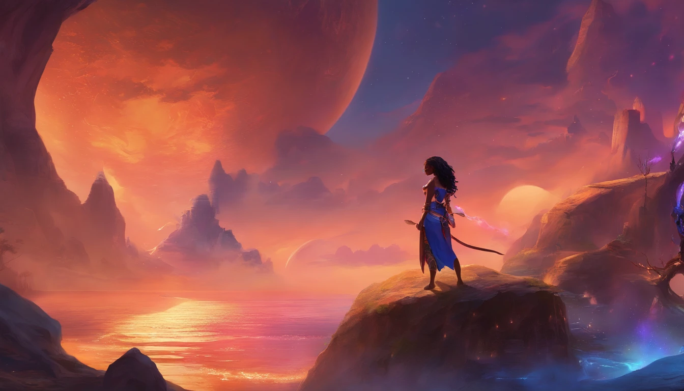 (best quality ,4k, 8k, highres, masterpiece:1.2),ultra-detailed,(realistic,photorealistic,photo-realistic:1.37),dark skin teenage girl, gorgeous, thick black long straight hair, brown eyes, thick waist, pretty, anime, fox ears and tail, demon slayer artstyle, vivid colors, sharp focus, glowing purple and blue color palette, intense studio lighting