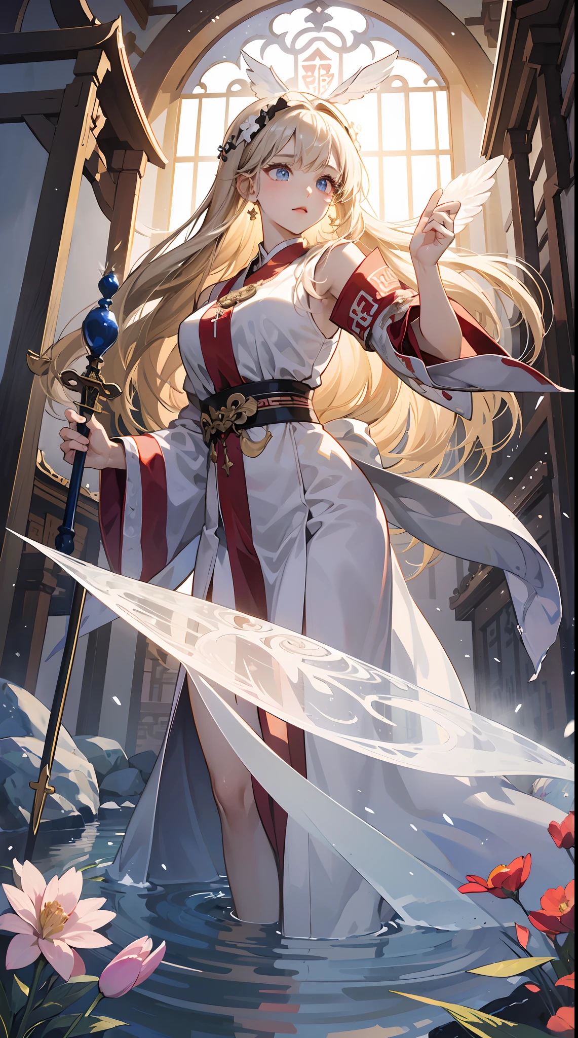 「(Angel Girl:1.3)But、with shiny blond hair and transparent white feathers,、Wearing a snow-white robe and floating in the air。Her eyes were bright blue.、Stars in those eyes々reflected」In her hand、In his hand is a golden staff.、A faint light is emitted from the tip of the wand.。Beside her、(Fantastic Temple Church:1.5)Towering。The Church、With a high pointed spire、Finely carved stone pillars、Stained glass windows are arranged.、God's Light Shines Through the Window。The surroundings include、florals々There is a garden full of flowers.、A silvery stream flows through the garden。 The surface of the creek、Moonlight is reflecting.、It's like a scenery from another world。Professional effects:1.4)Implementing、Detailed drawings。」