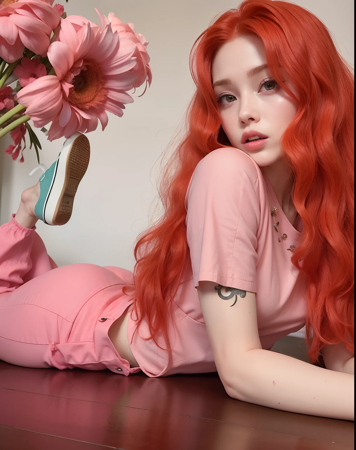 There's a woman with red hair lying on the floor with a shoe on, ela tem cabelos longos e redorange, estilo de cor rosa e vermelho, Ellie Bamber Fada, pale red, Tons de laranja e rosa pastel, com longos cabelos ruivos, cabelos tingidos de vermelho, com cabelos ruivos cacheados, Ellie Bamber, Ela parece uma mistura de Grimes