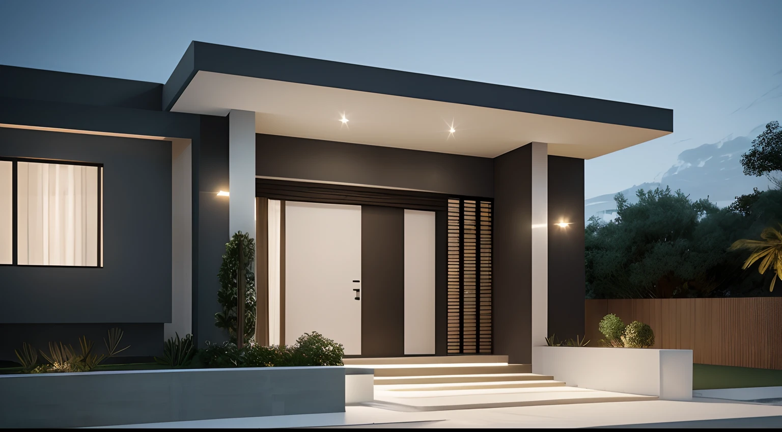 casa pequena, ((estilo moderno)), garangem, porta, janela, entrada concretada na frente, jardim verde na lateral, night ligthning, Lumion Pro rendering, cinematic quality.