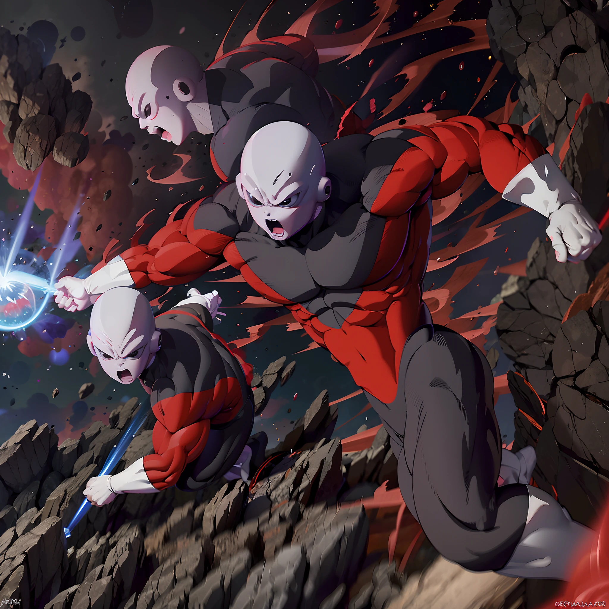 ((JIREN)), um close up de uma pessoa com uma roupa vermelha e preta, an epic anime of a energy man, transformando-se em sua forma final, corpo com lava preta e vermelha