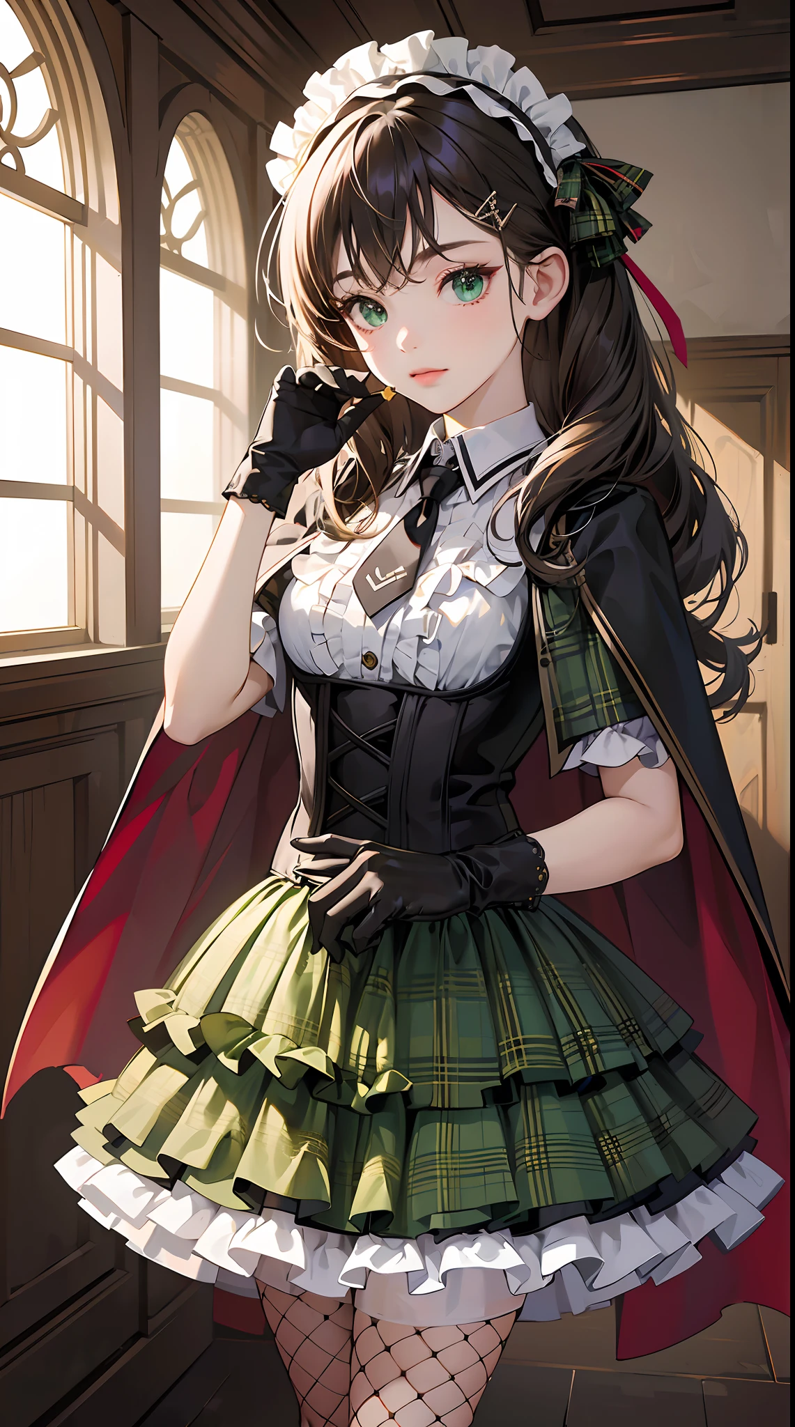 (Gothic lolita: 1.4), (Open Short Cape: 1.2), ((bow ribbon, frilld): 1.3), (Green tartan plaid: 1.3), ((White collar, tie): 1.3), (Short sleeve: 1.2) , ((frills skirt, Multi-layer skirt): 1.3), (fishnet tights: 1.2), (gloves: 1.2), ( × hair ornament, hair pin)