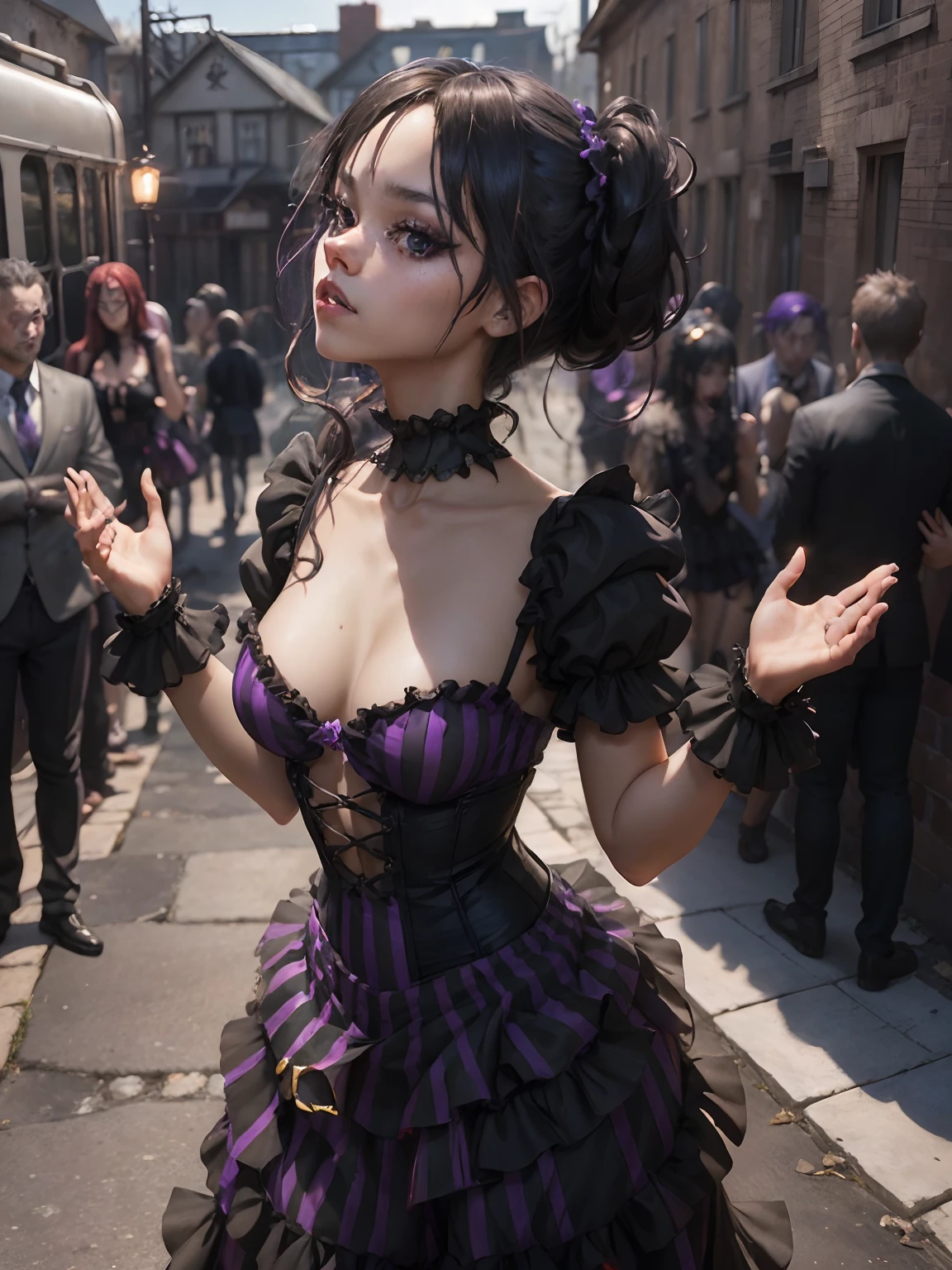 Beautiful Alluring Gothic Clown jenna ortega, Fantasy Theme, Bare Skin, Outside Of A Haunted Train Ride, Purple And Black Stripes, Gothic Clown Makeup, Frilly Outfit, pigtails hairstyle, Barely Clothed, Beautiful D&D Character Portrait, Ominous, Dark Fantasy, Detailed, Digital Art, Extreme Detail, Polished, Beautiful, Hyperdetailed, Intricate, Elaborate, Meticulous, Anime Character, Detailed, Anime Face, Sharp Focus, Unreal Engine, 3d Rendered, Volumetric Lighting, Reflections, Glossy, Digital Illustration, Sensual Pose, Suggestive Pose, Full Body Shot, ๐โค๐๐โฃ