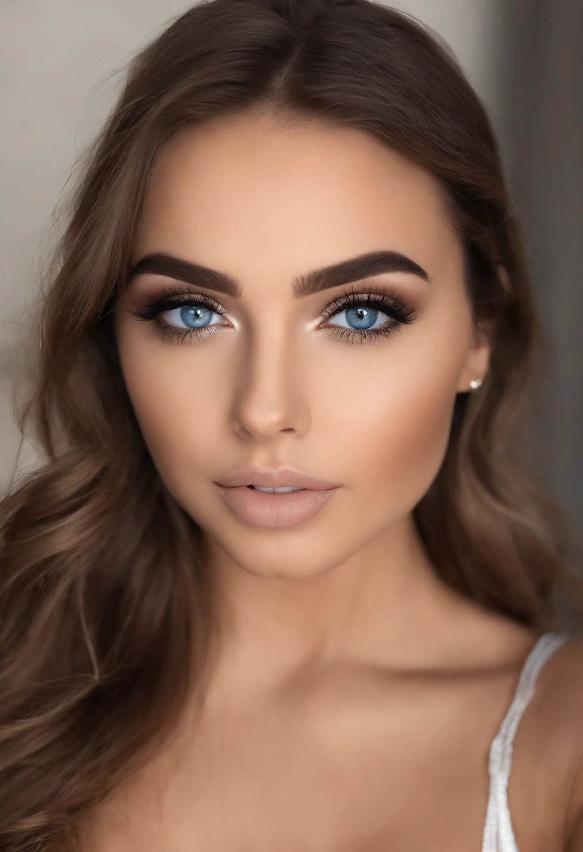 Arafed Mujer totalmente , Chica sexy con ojos azules, Cara ultra realista, meticulosamente detallado, Retrato Sophie Mudd, cabello rubio y ojos grandes, selfie de una mujer joven, Ojos del dormitorio, Violeta Myers, sin maquillaje, Maquillaje natural, staring directly into camera, cara con artgram, maquillaje sutil, Impresionante foto de cuerpo completo arrodillado en la cama, En el dormitorio, Medium to large size bust, sin sujetador ni bragas