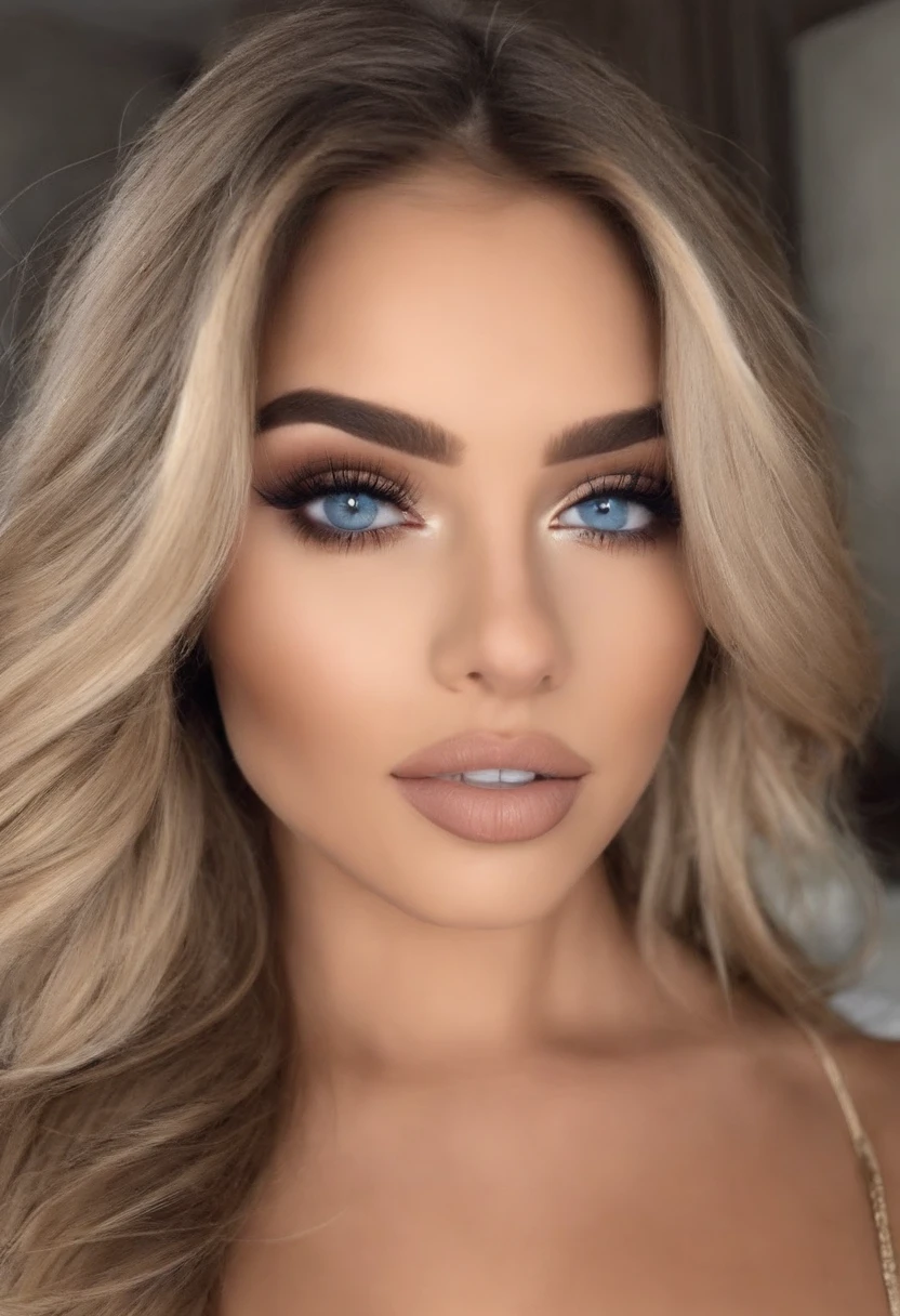 Arafed Mujer totalmente , Chica sexy con ojos azules, Cara ultra realista, meticulosamente detallado, Retrato Sophie Mudd, cabello rubio y ojos grandes, selfie de una mujer joven, Ojos del dormitorio, Violeta Myers, sin maquillaje, Maquillaje natural, staring directly into camera, cara con artgram, maquillaje sutil, Impresionante foto de cuerpo completo arrodillado en la cama, En el dormitorio, Medium to large size bust, sin sujetador ni bragas